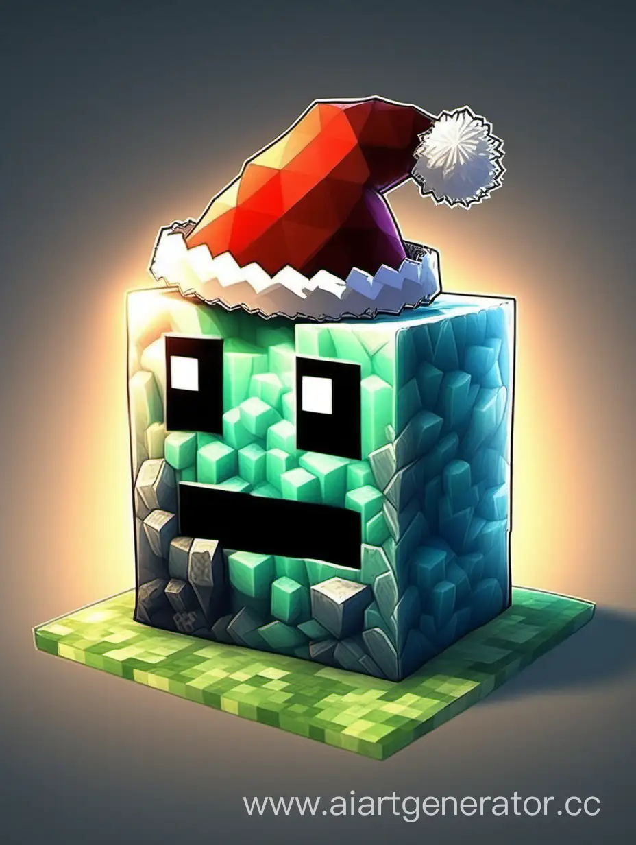 a large square stone from Minecraft with a funny smile in a New year hat