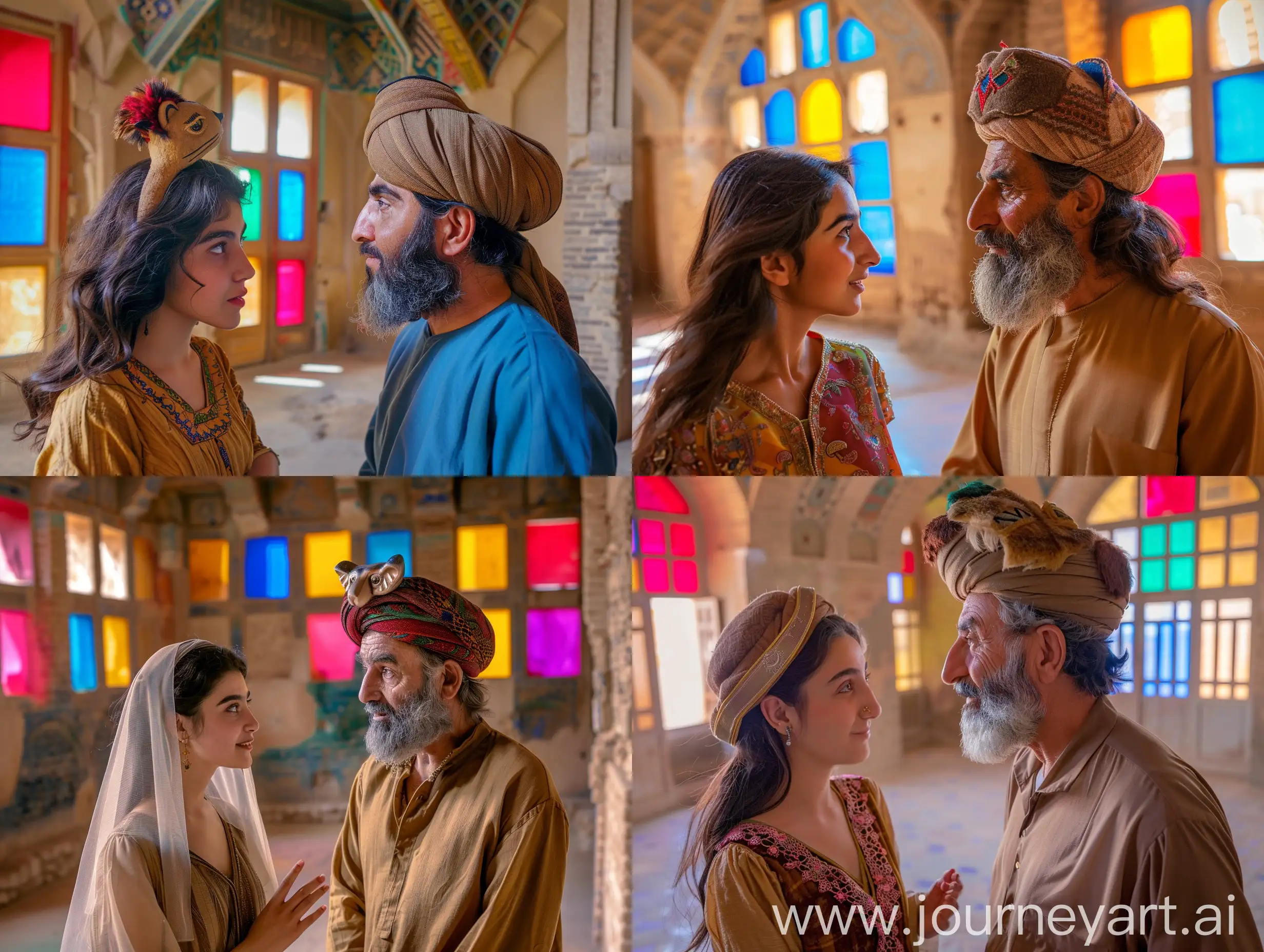 Persian-Woman-Conversing-with-Father-in-LionHead-Hat-at-Bam-Kerman-Citadel