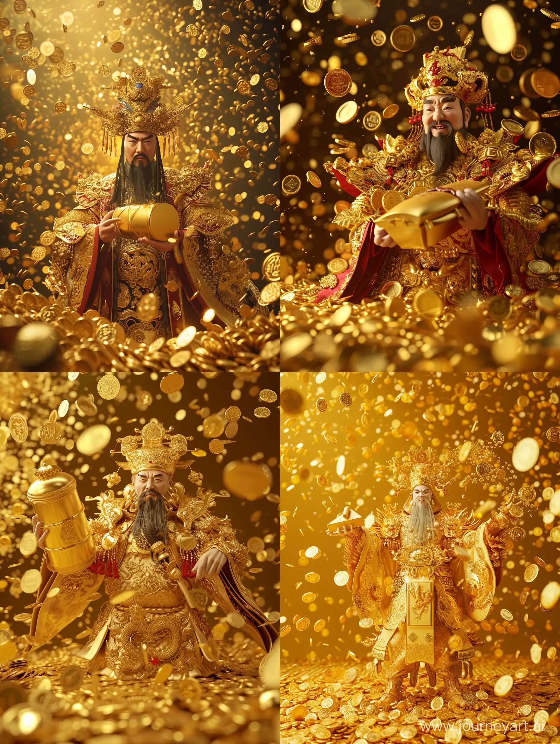 3D image of Chinese God of Wealth, holding a gold ingot, surrounded by scattered gold coins with a background of falling gold coins, wearing gold attire and ornaments, with top-tier detail and lighting effects, in a panoramic view by nelson wu, predominantly in gold, capturing the highest level of detail through a wide-angle lens