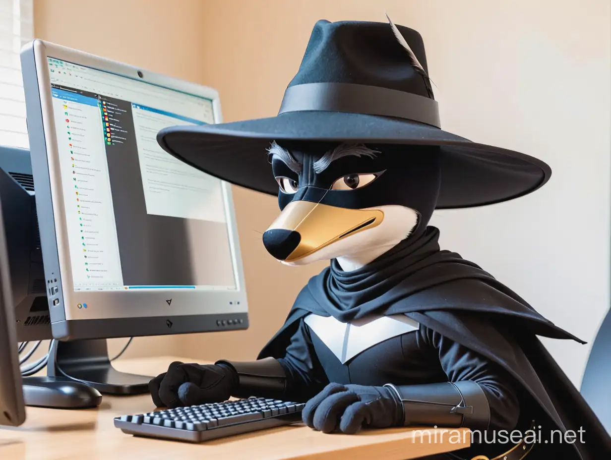 Zorro Working on a Computer