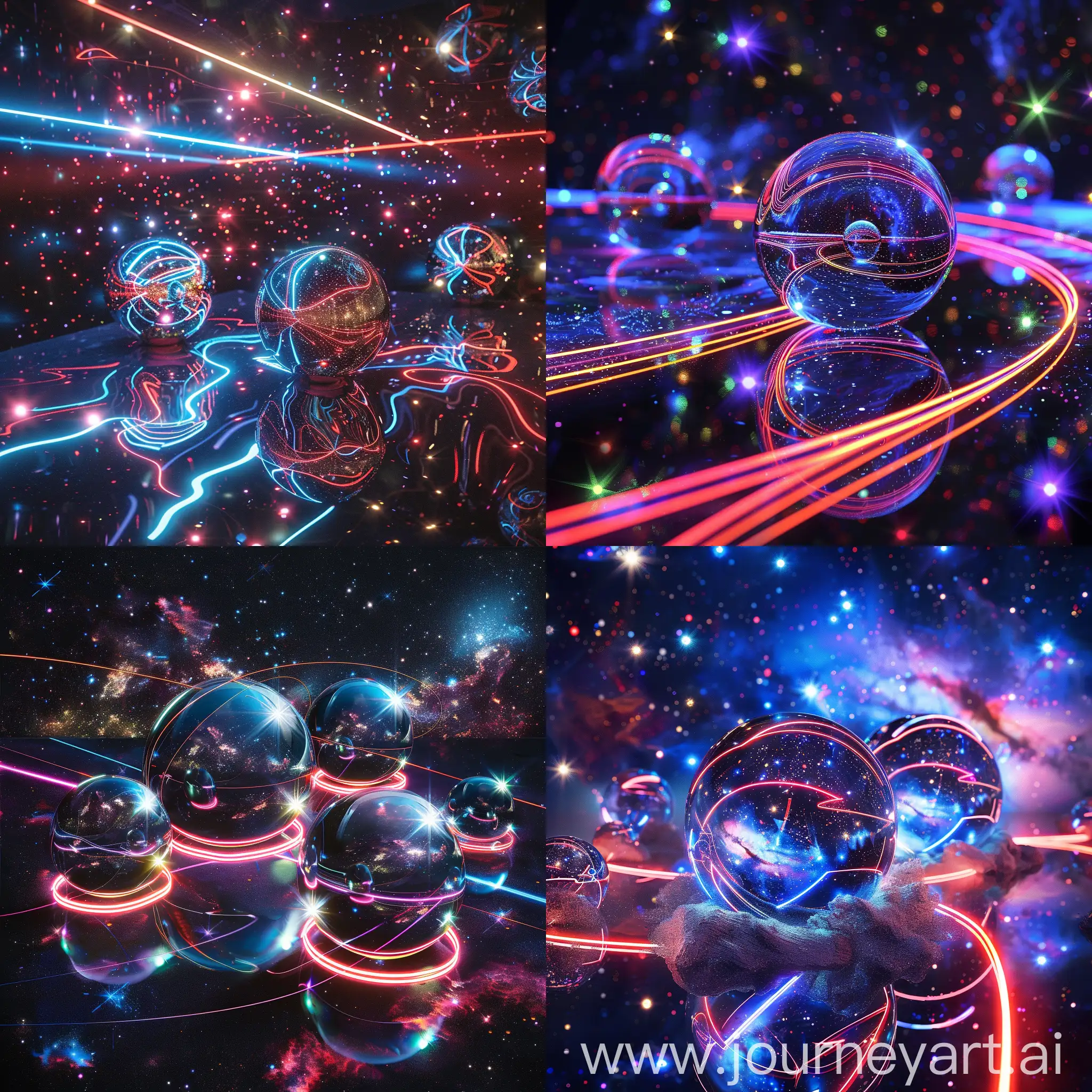 Mirror balls, space, neon trace, stars