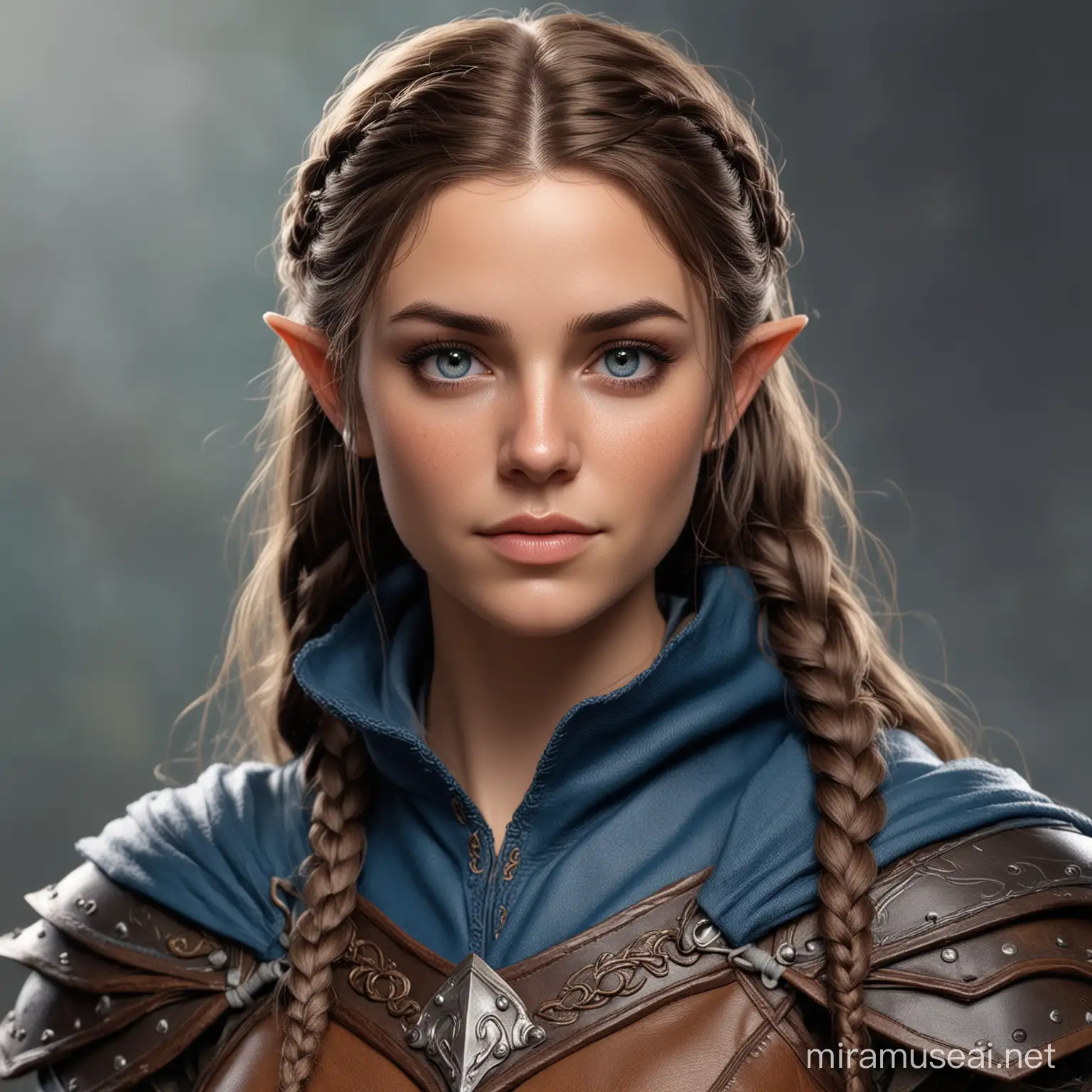 Lorelei, Beautiful Half Elf bard, her hair is brown and braided, her eyes are blue, and ears are pointed. Her skin is dark tan, and she has freckles across her nose. She is wearing leather armor and a blue cloak.