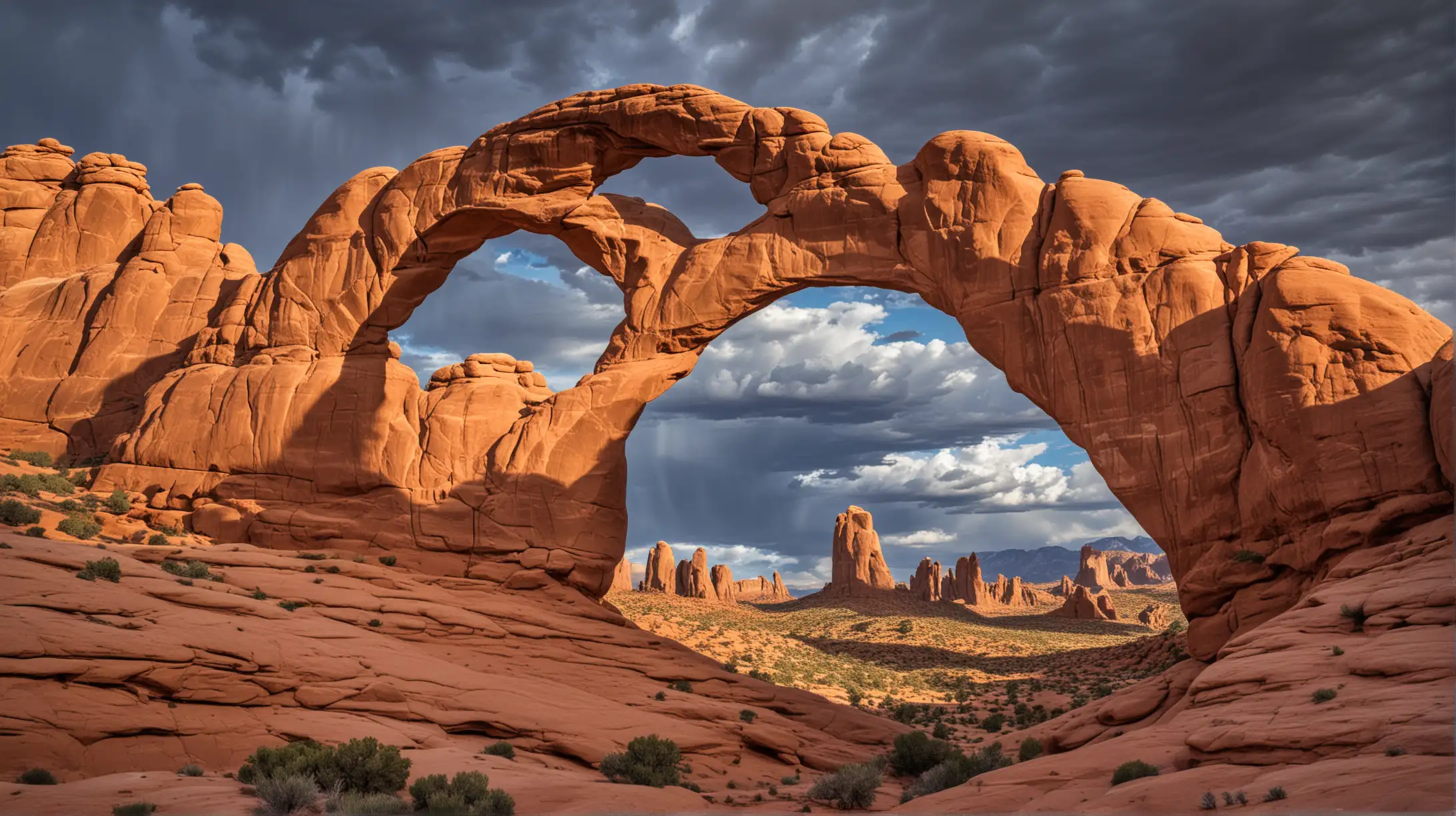 Skyline Arch in Arches National Park, late afternoon, dramatic sky, warm light.