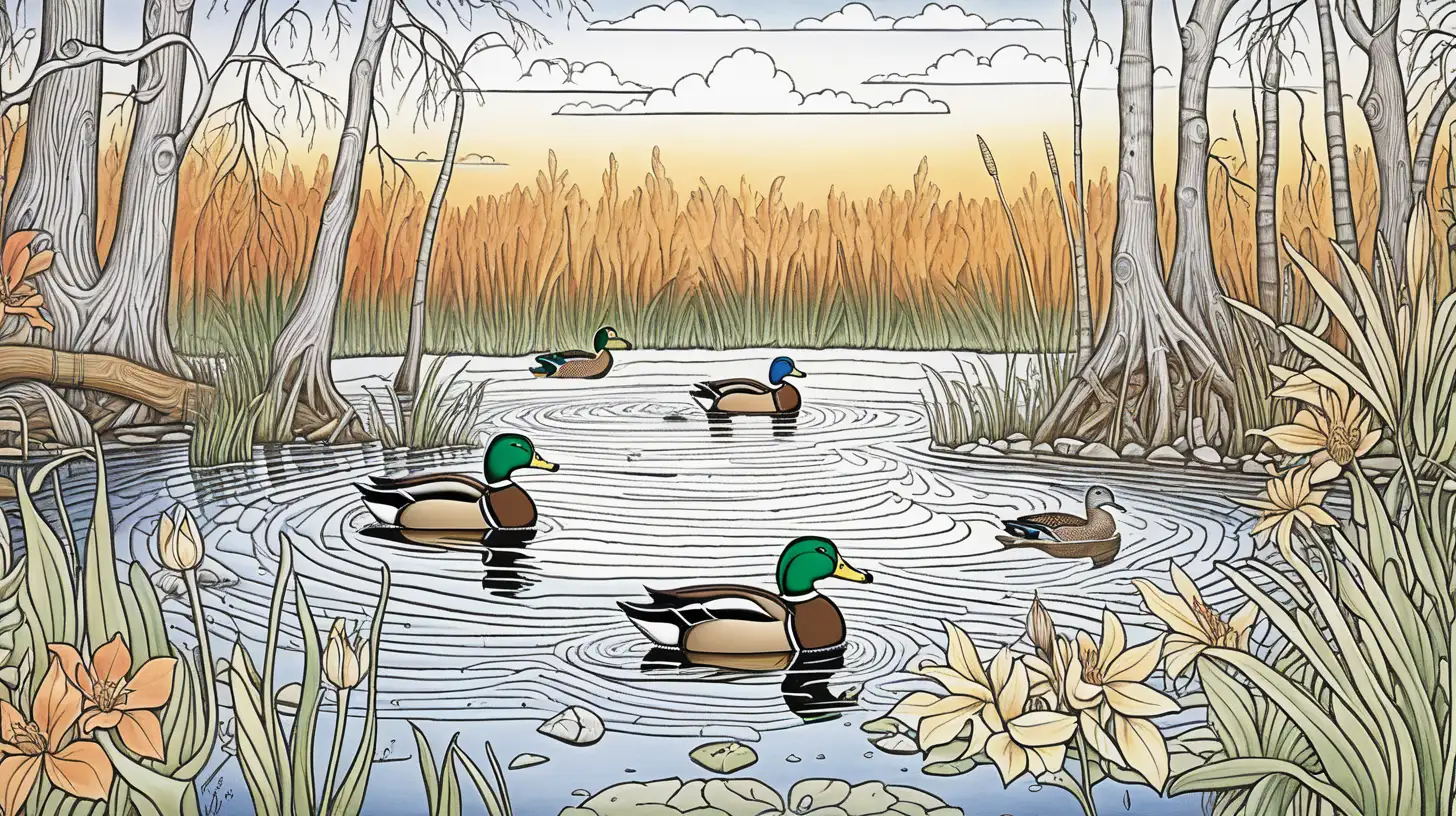 An colorful adult coloring book  of the swamp with mallard ducks  in Michigan 