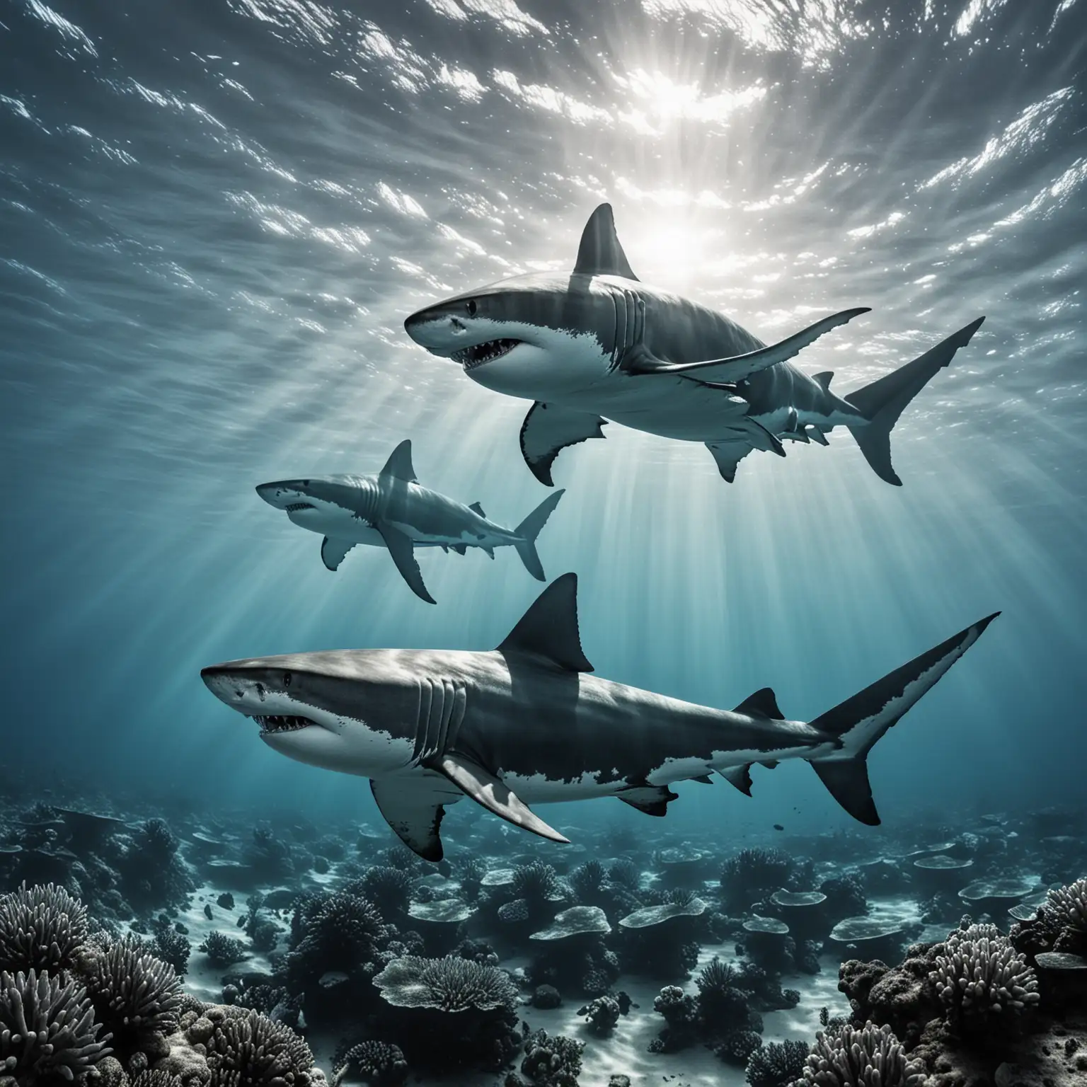 Majestic Great White Sharks Swimming in the Deep Ocean