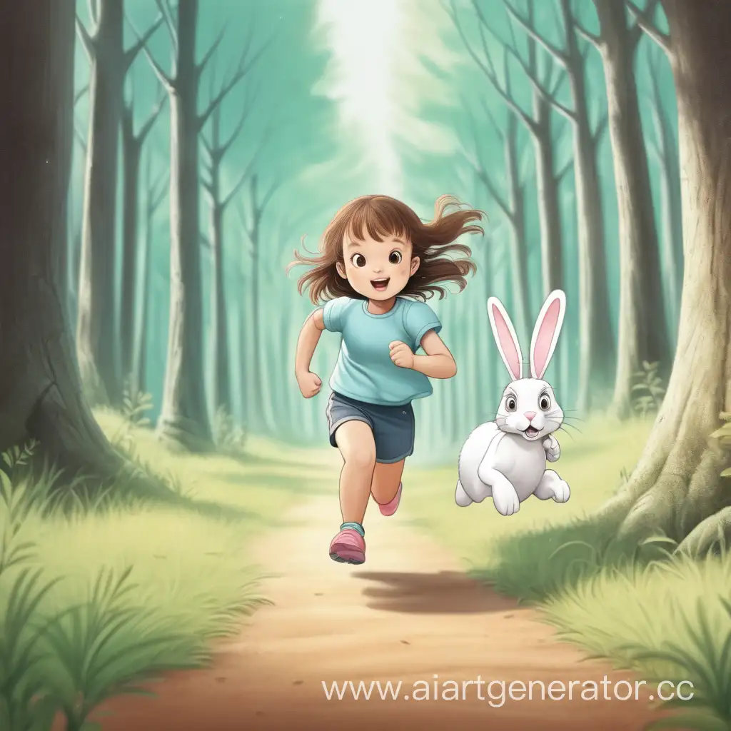 little girl is  running behind a rabbit in a forest