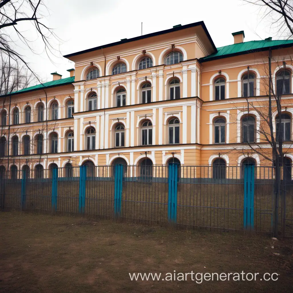 Психиатрическая больница в стилистике 18 века Российской империи. С высоким забором и с окнами на которых решётки