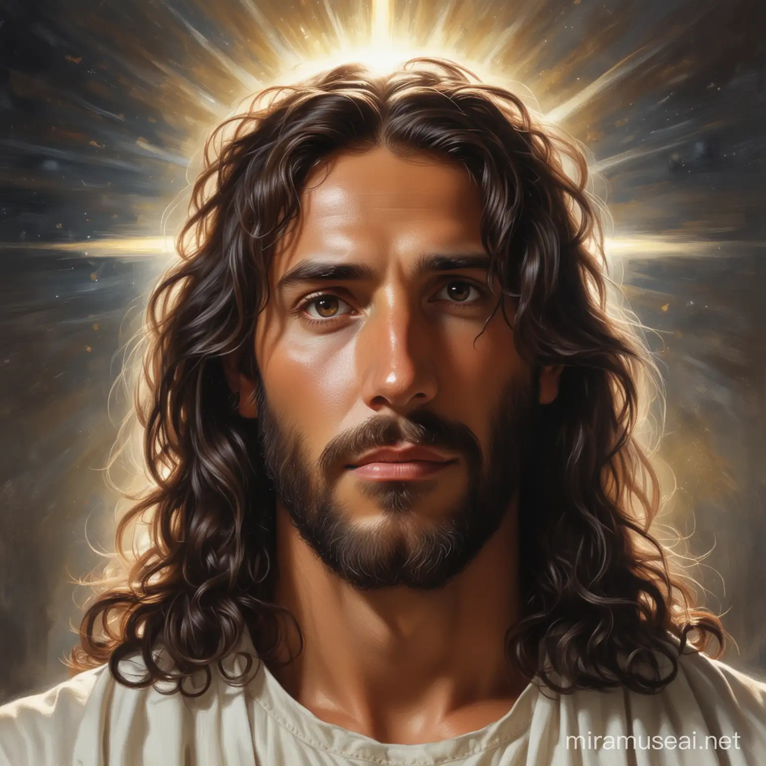 a painting of JESUS, with long, dark curly hair and dark brown eyes, looking straight at the viewer,  a halo of light around His head, 