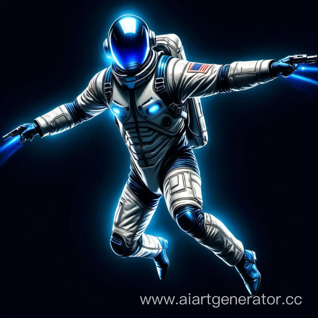 Летающий человек в костюме похожий на скафандр, но на ногах у него голубые огни с помощью которых он летает, а вместо левой руки у него пушка.