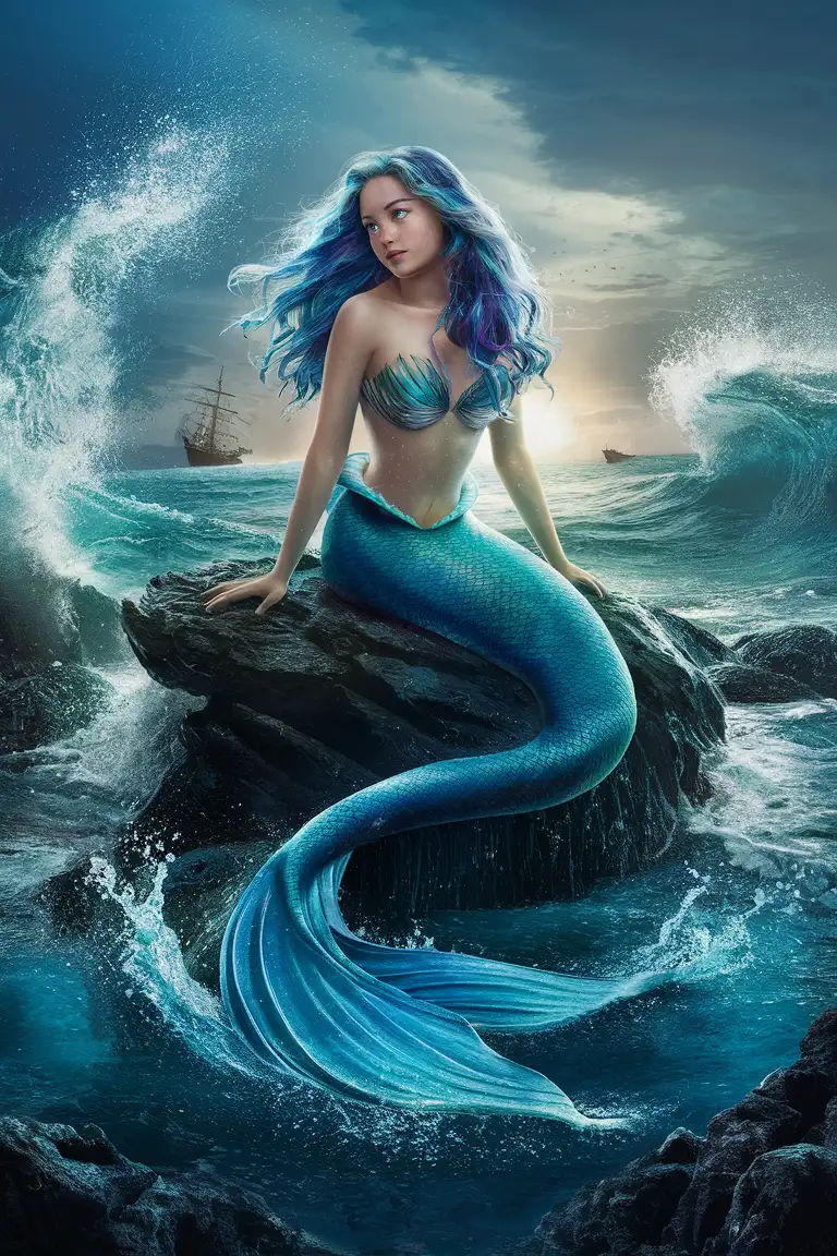 mermaid sitting on rocks, with shimmering blue tail splashing in the sea, blue multi-coloured hair