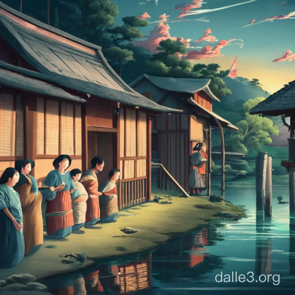 Create a hyper realistic image of  a small village in rural ancient japan that is close to a swamp dark waters with a group of ancient japanese woman and their husbands 20 of them standing and crying on the edge of the water with several village elders holding an amulet erecting it on the edge of the water