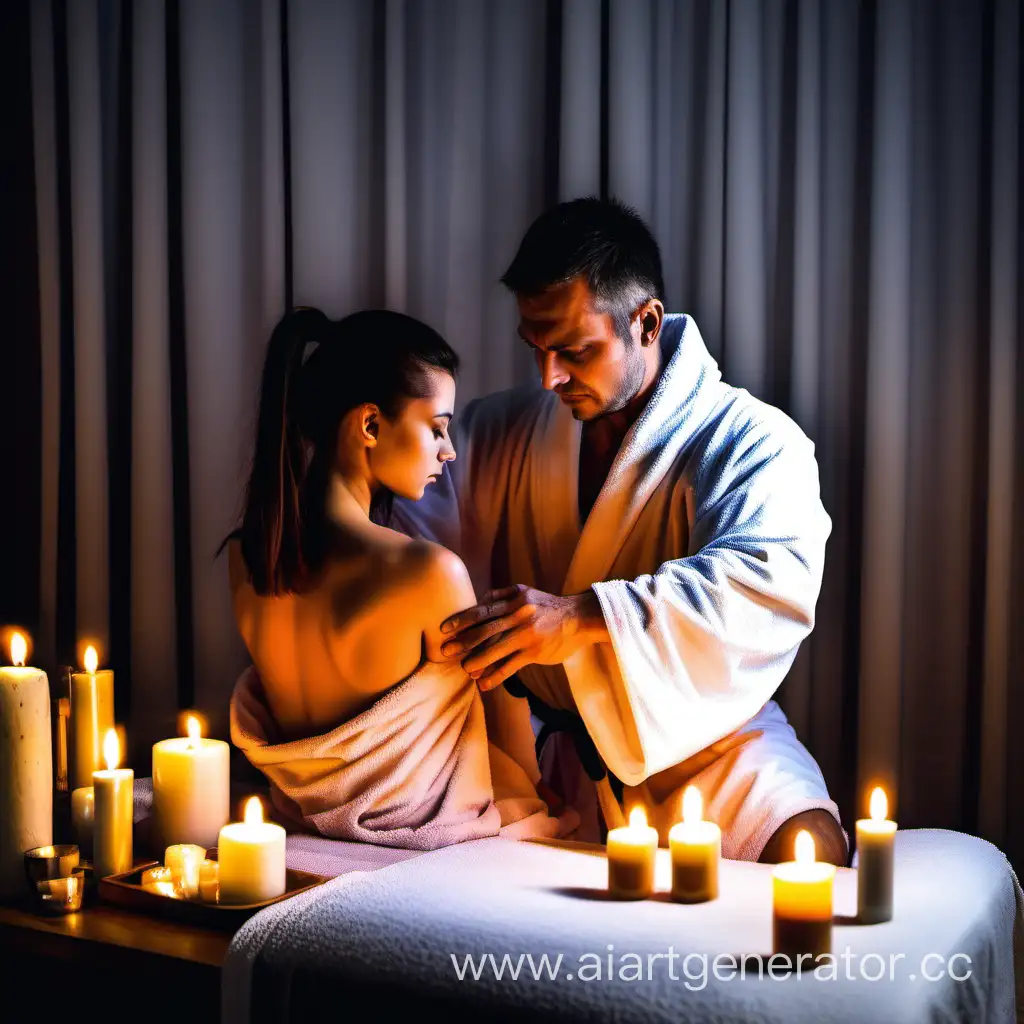 Массажист мужчина в халате  делает массаж девушке накрыта полотенцем  в салоне со свечами в темноте