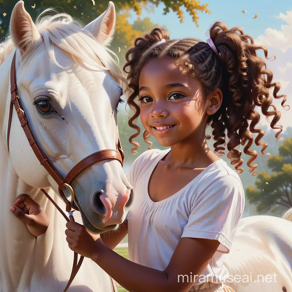 Magical Birthday Surprise African American Girl with Curly Pigtails Receives White Horse
