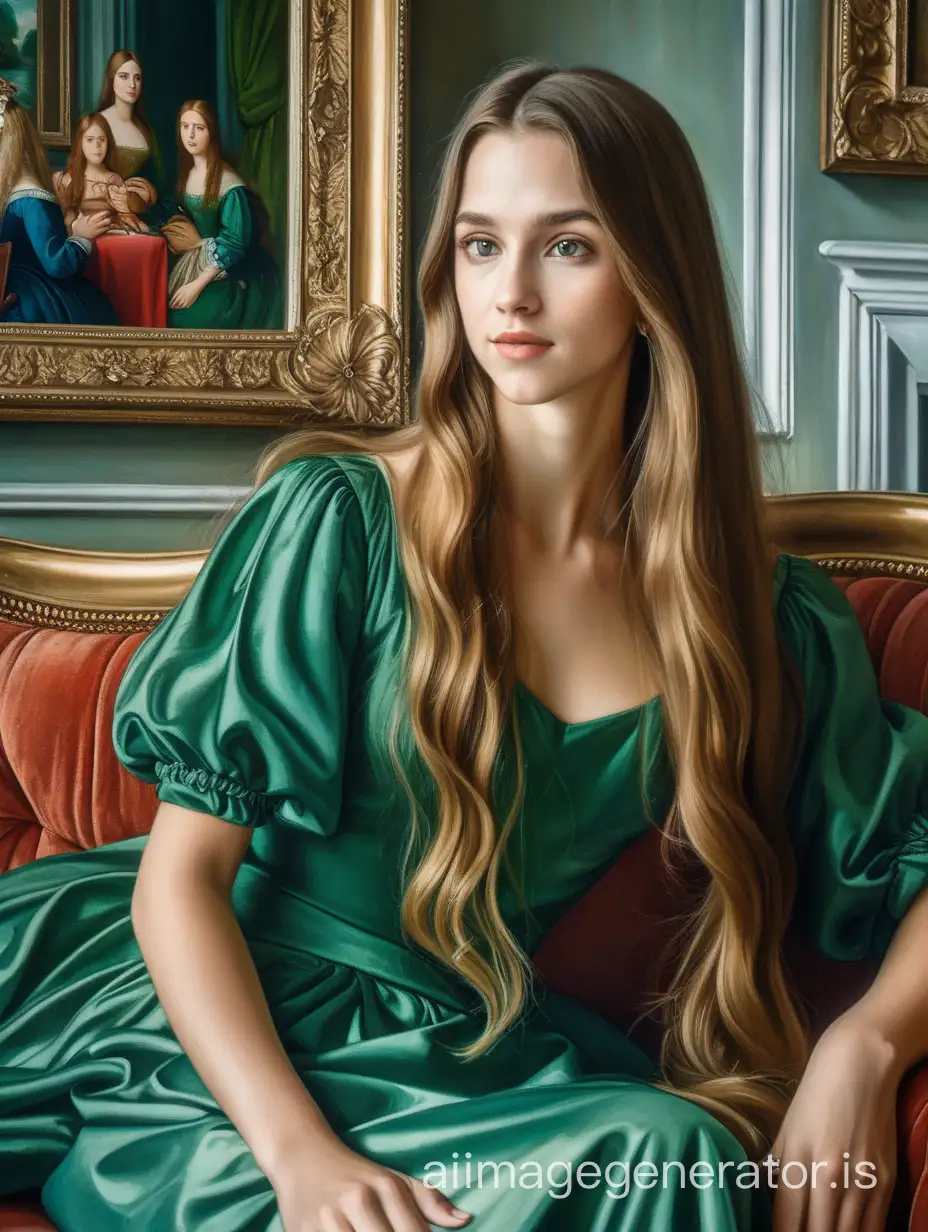 a modern beauty woman long hair In a green dress sitting on a couch holding a picture of a family with a picture of them on it's side, classical painting, detail background, happy, figurativism, Avgust Černigoj, a painting