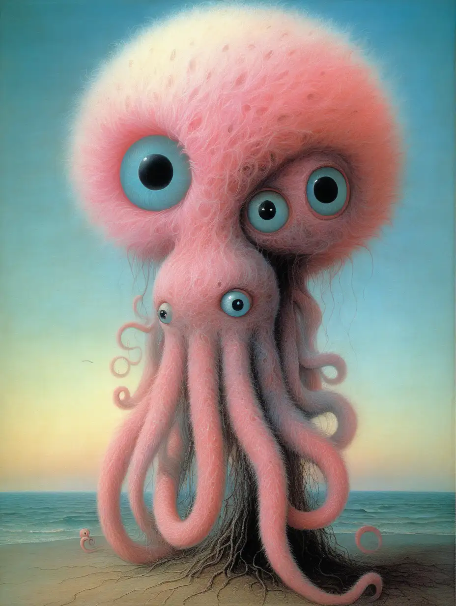 Zdzislaw Beksinski, Picasso,  cute weird animals, tentacles,  , bright eyes, big eyes, pastel colors, soft,  blurry, cotton candy, fuzzy.
