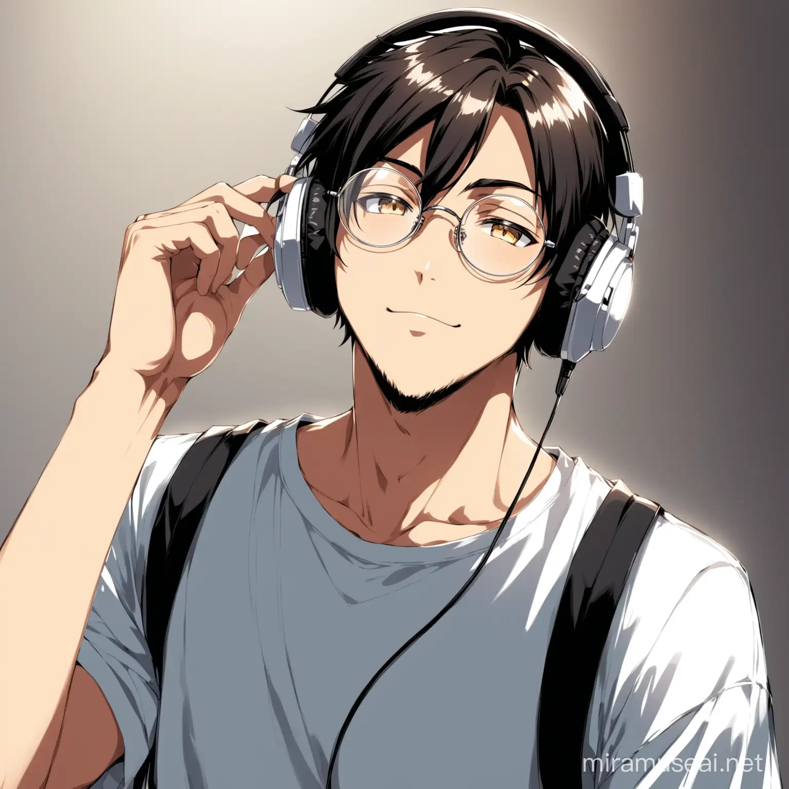 anime guy wearing round glasses and headphones