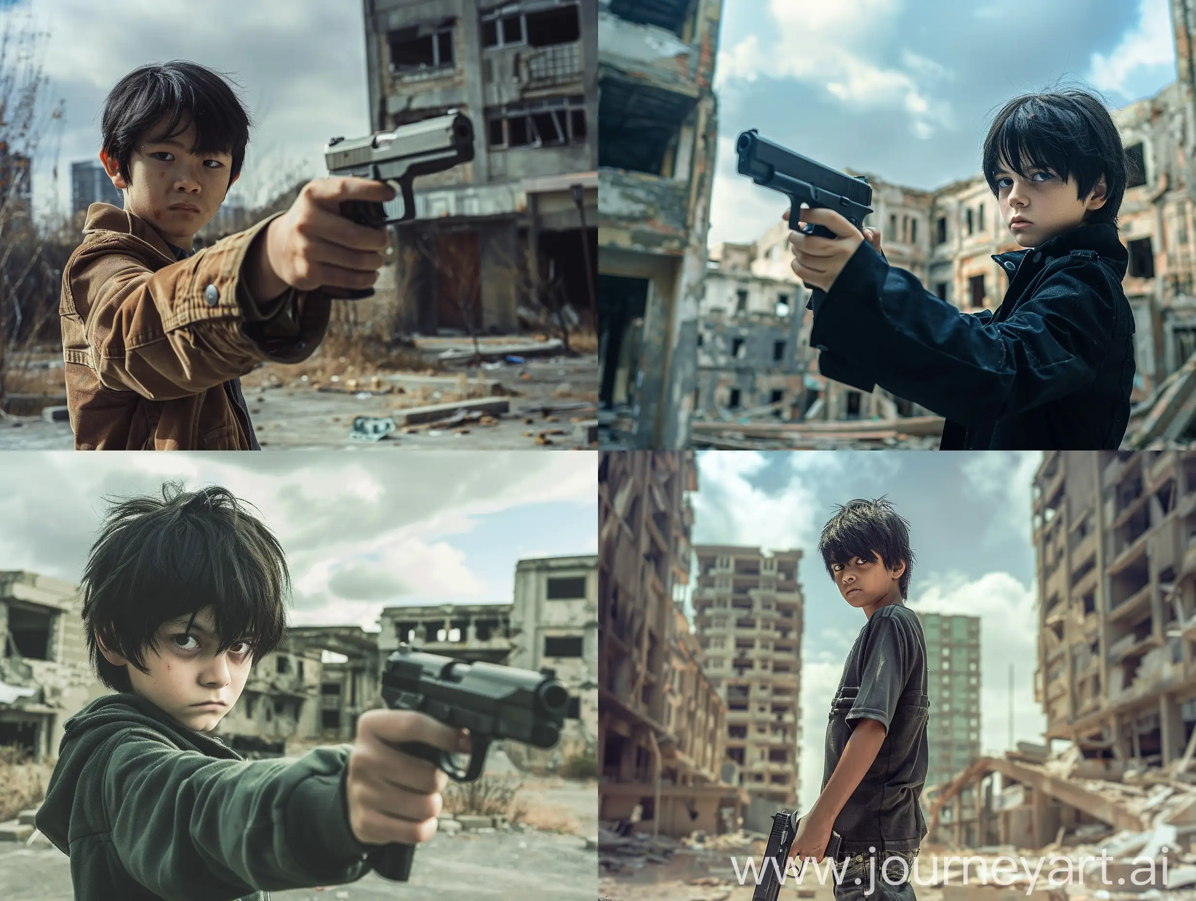 мальчик  с черными волосами, 14 лет, стоит посреди заброшенного города, с пистолетом в руках, смотрит в камеру, реалистично