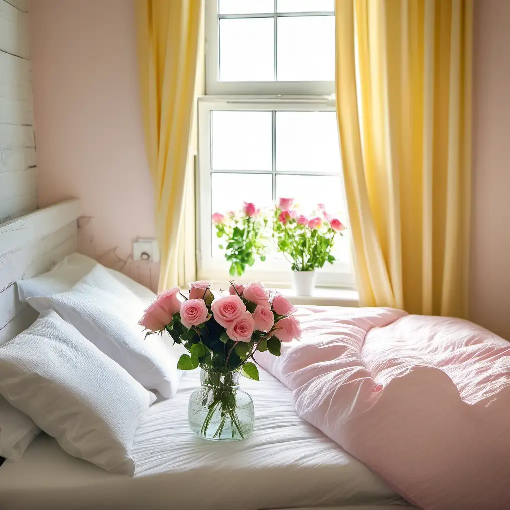 Bedrom in a old smal house. With a large window where lots of light flows in. on the bedside table is a bouquet of pink roses. the wall is light yellow. in the bed there are lots of white pillows and a white duvet. it is summer.