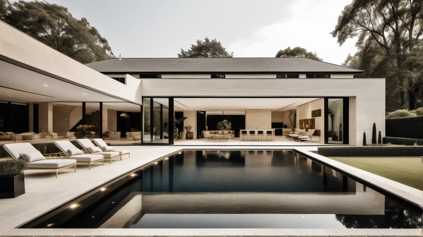 A classic contemporary large minimalist home pool area; beige; blonde oak; brass; limestone; black accents; sprawling gardens;