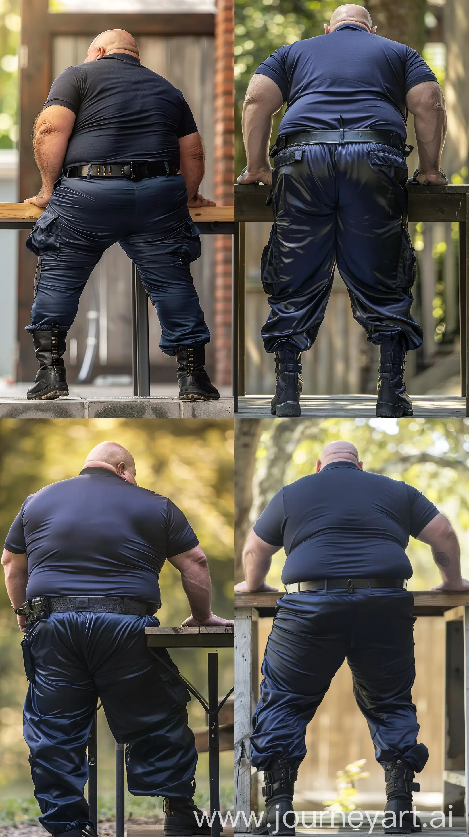 Close-up full body back view photo of a very fat man aged 60 standing next to a very high table. The man is wearing silk navy stretched out battle pants tucked in black tactical boots, he has a tucked in silk navy sport polo shirt and a black tactical belt. Legs straight and leaning forward on both hands placed on the table. Outside. Bald. Clean Shaven. Natural light. --ar 9:16