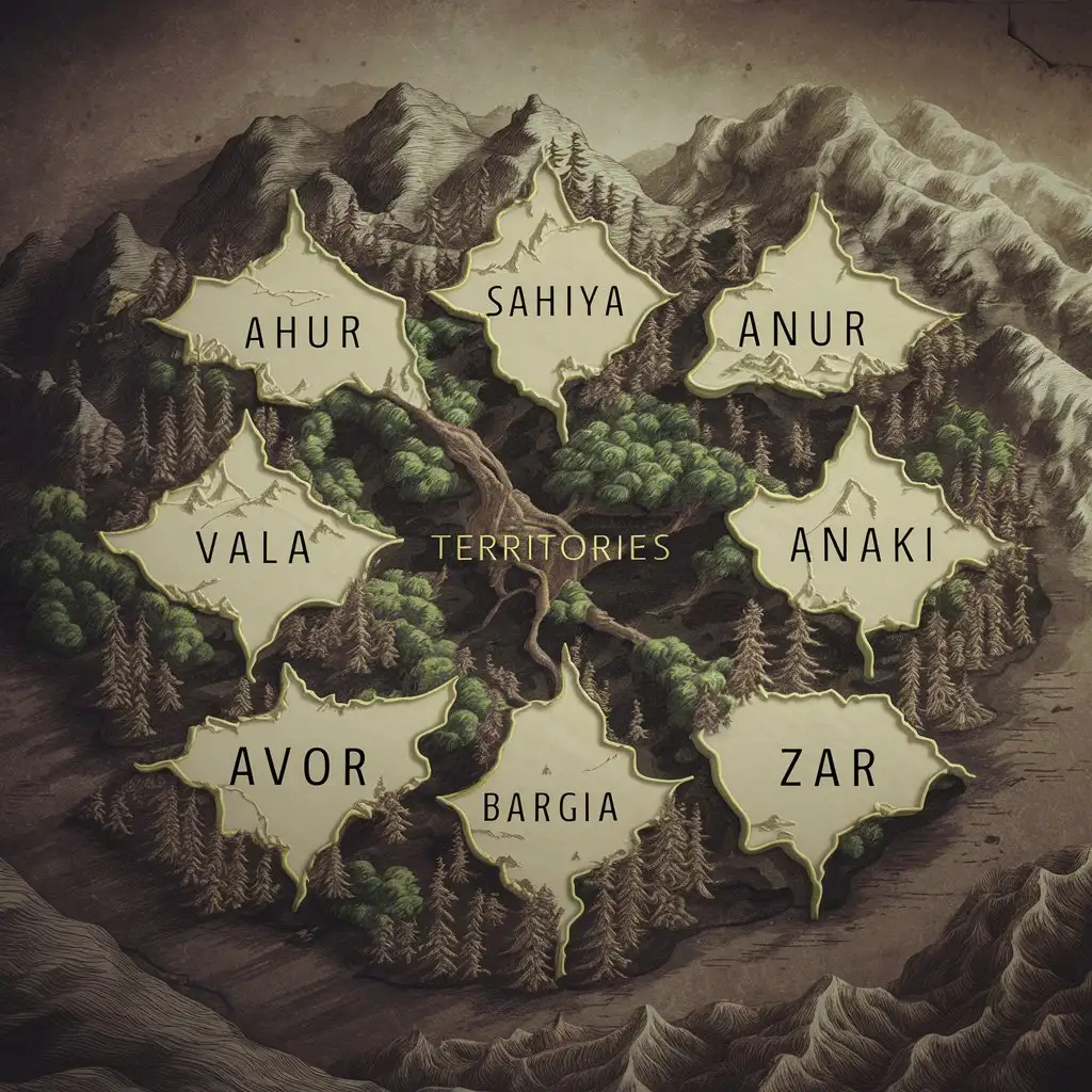 An ancient geographical map that consists of eight territories named Ahur, Sahiya, Anur, Vala, Anaki, Avor, Bargia and Zar, and they are located in the neighborhood.