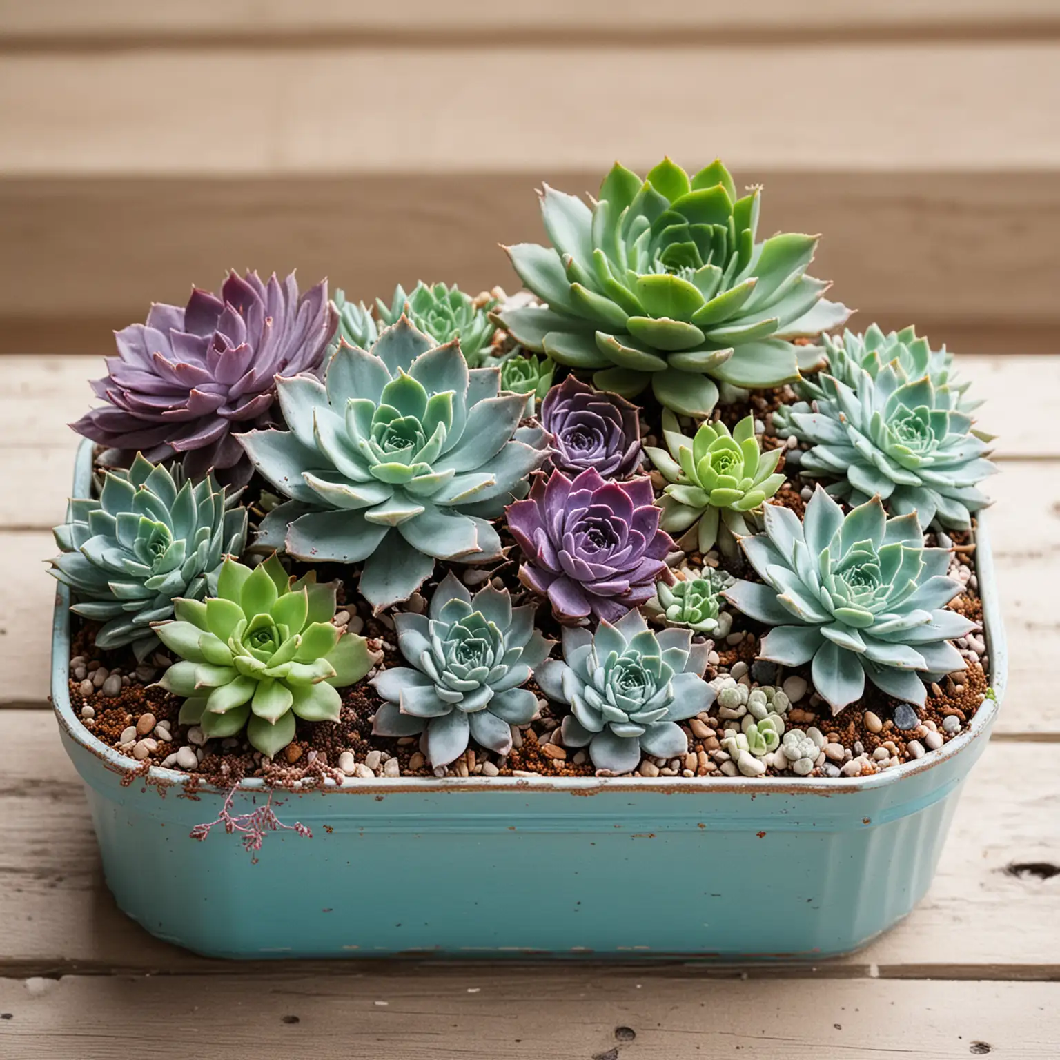 a succulent wedding centerpiece in containers that are painted boho turquoise and boho purple that has a boho flair to it for boho chic weddings