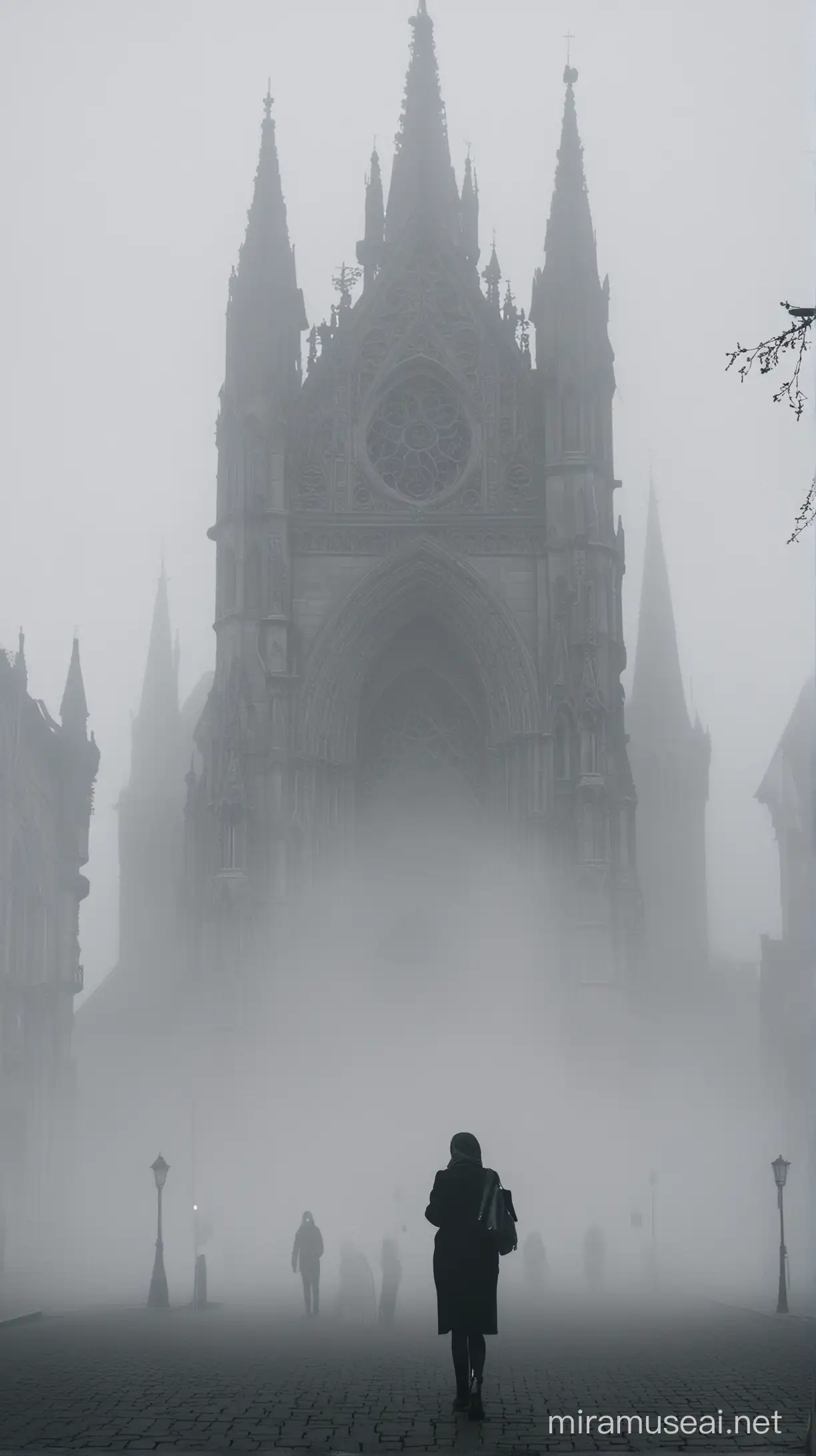 Mysterious Figure Walking in Fog near Gothic Architecture