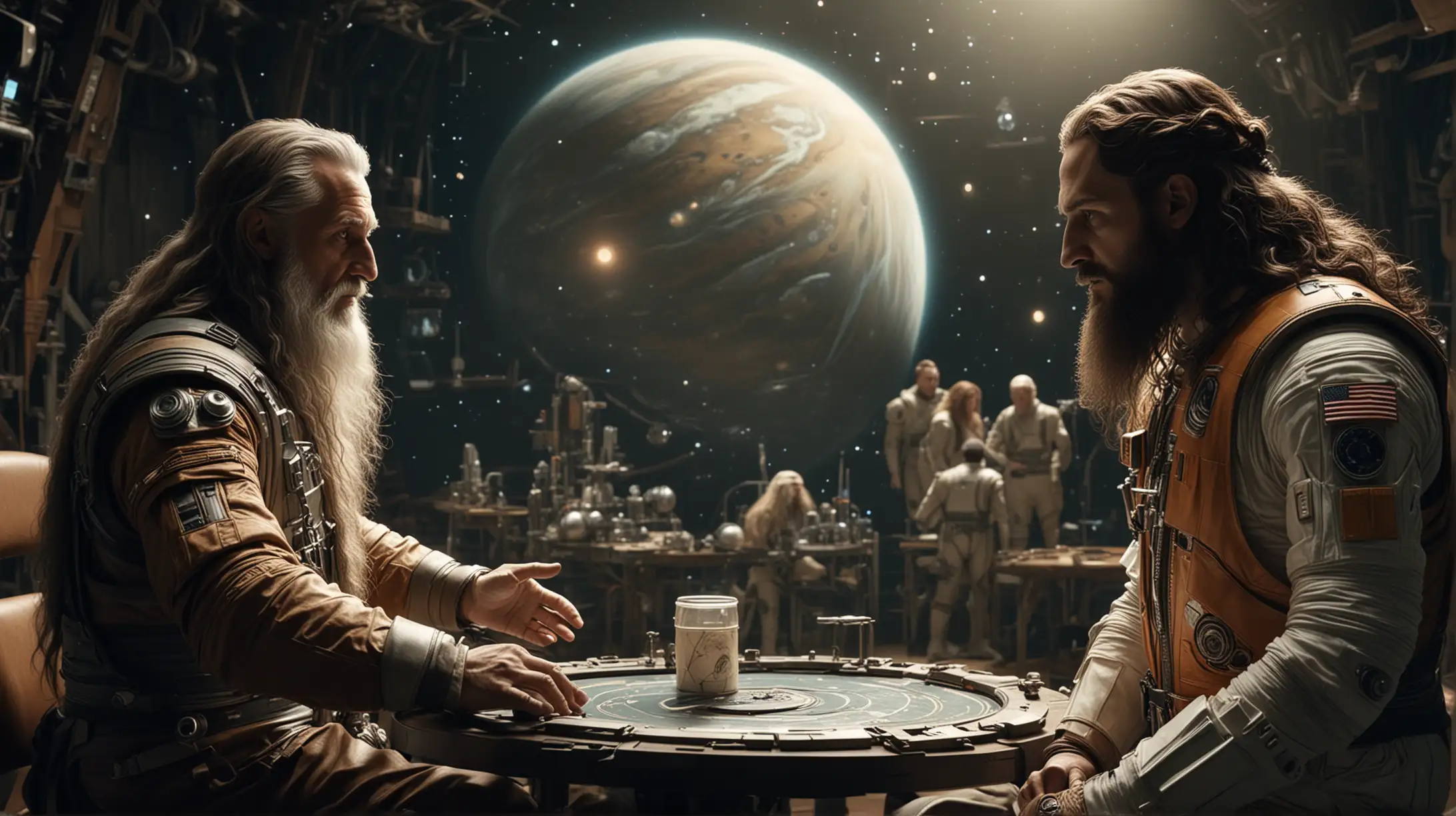 Create a scene featuring Leonardo da Vinci conversing with a modern interstellar astronaut in his studio. Cinematic