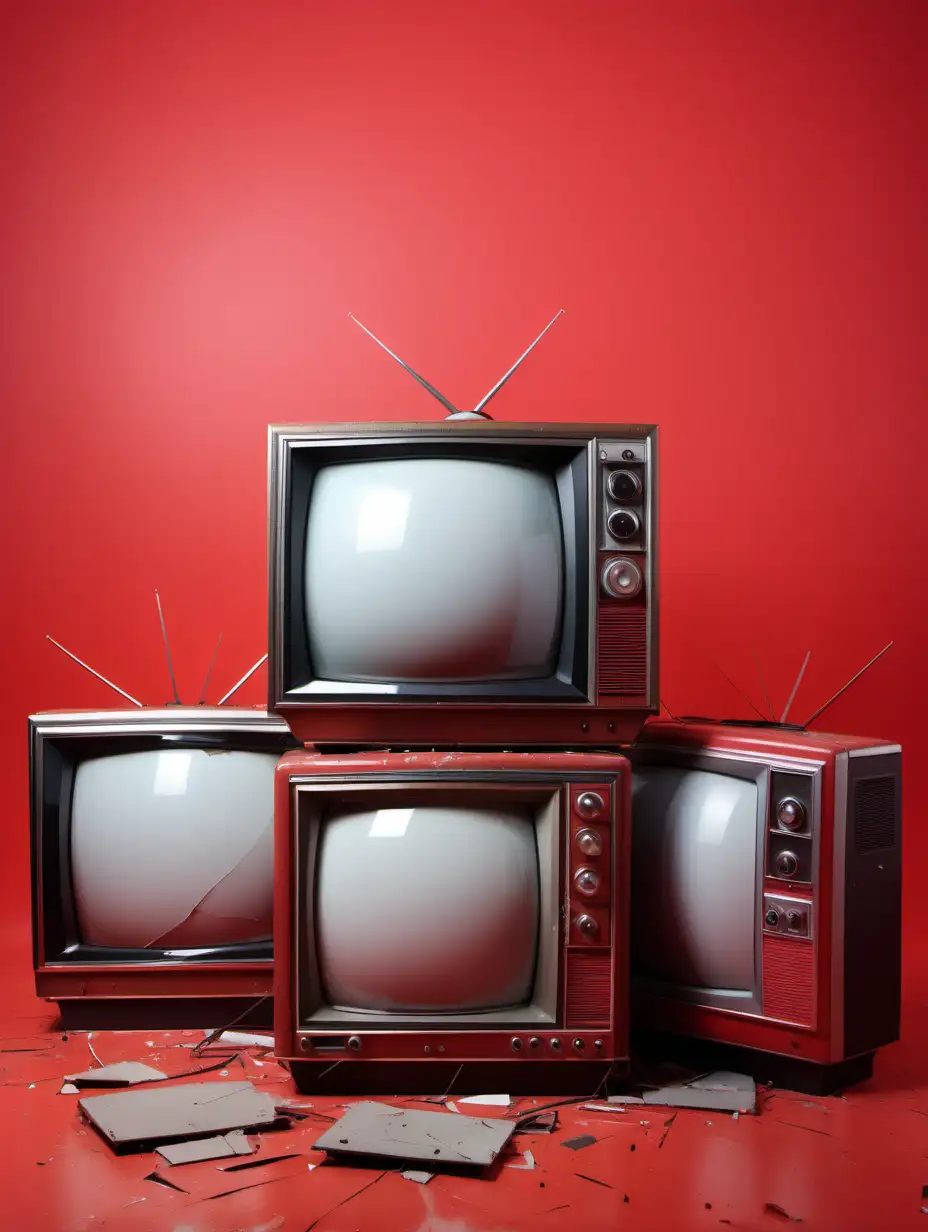 three broken vintage tvs, red background