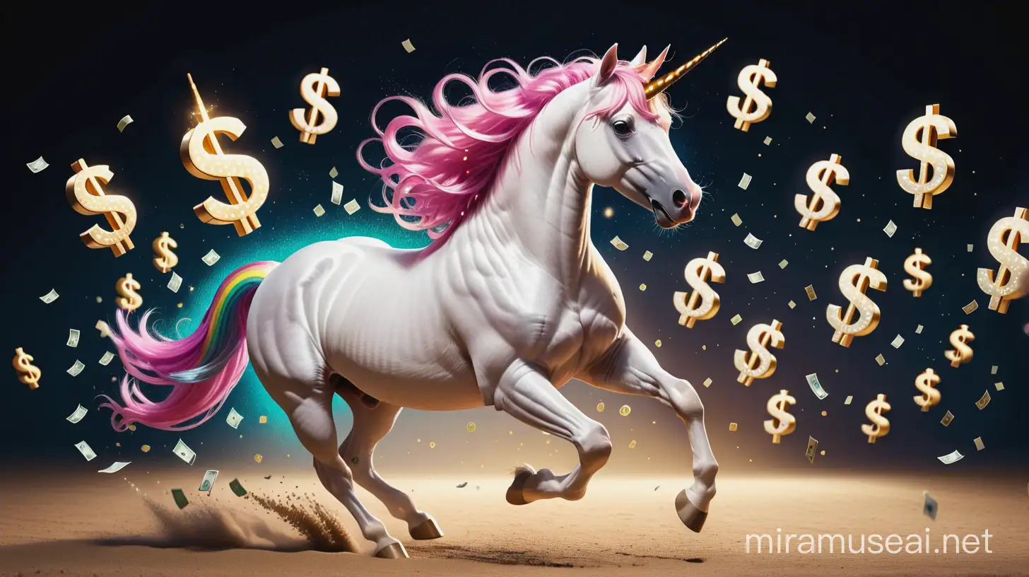 Digital Unicorn Galloping Through Dollar Signs