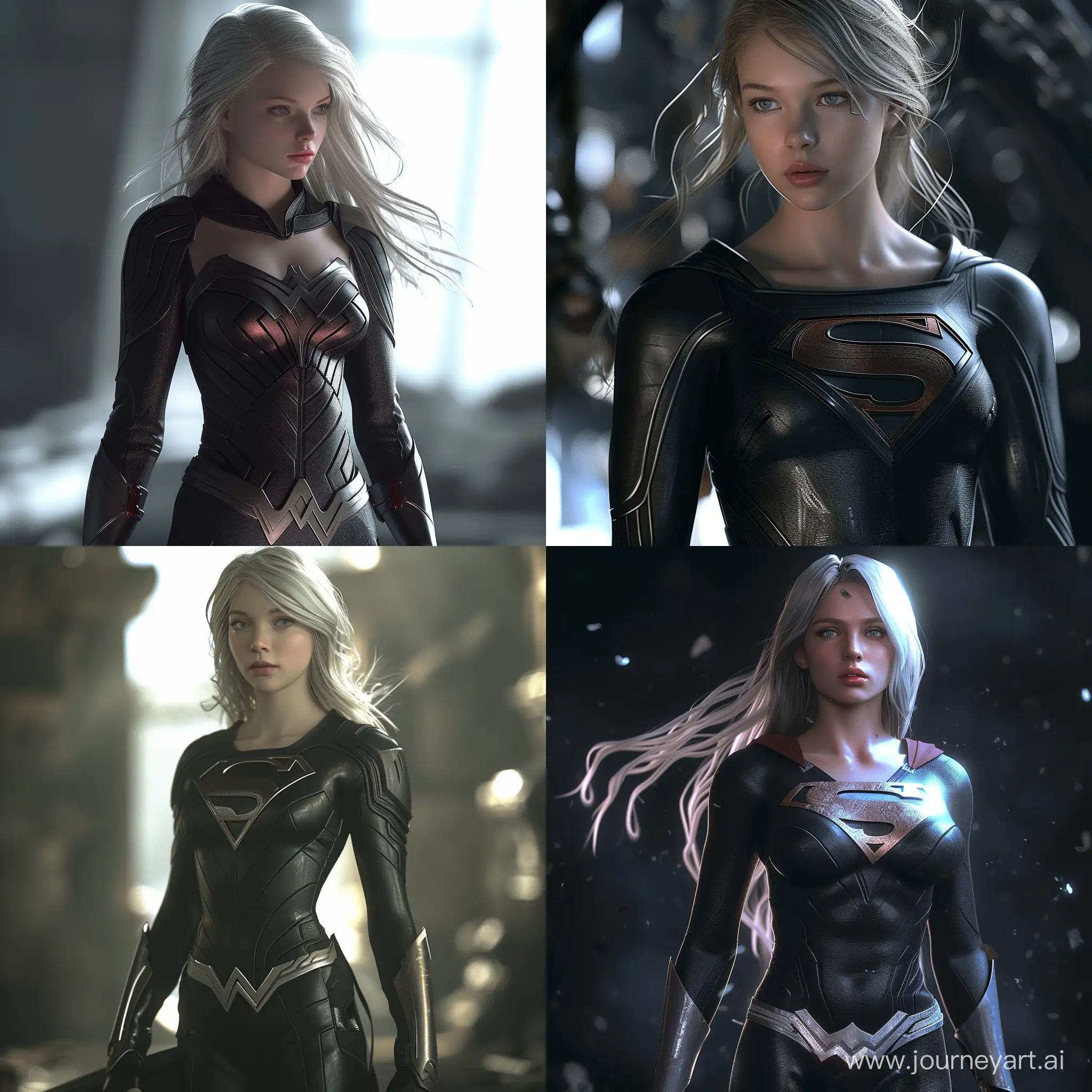 a young beautiful Supergirl with dark suit, pale skin, perfect body, detailed, 8k 