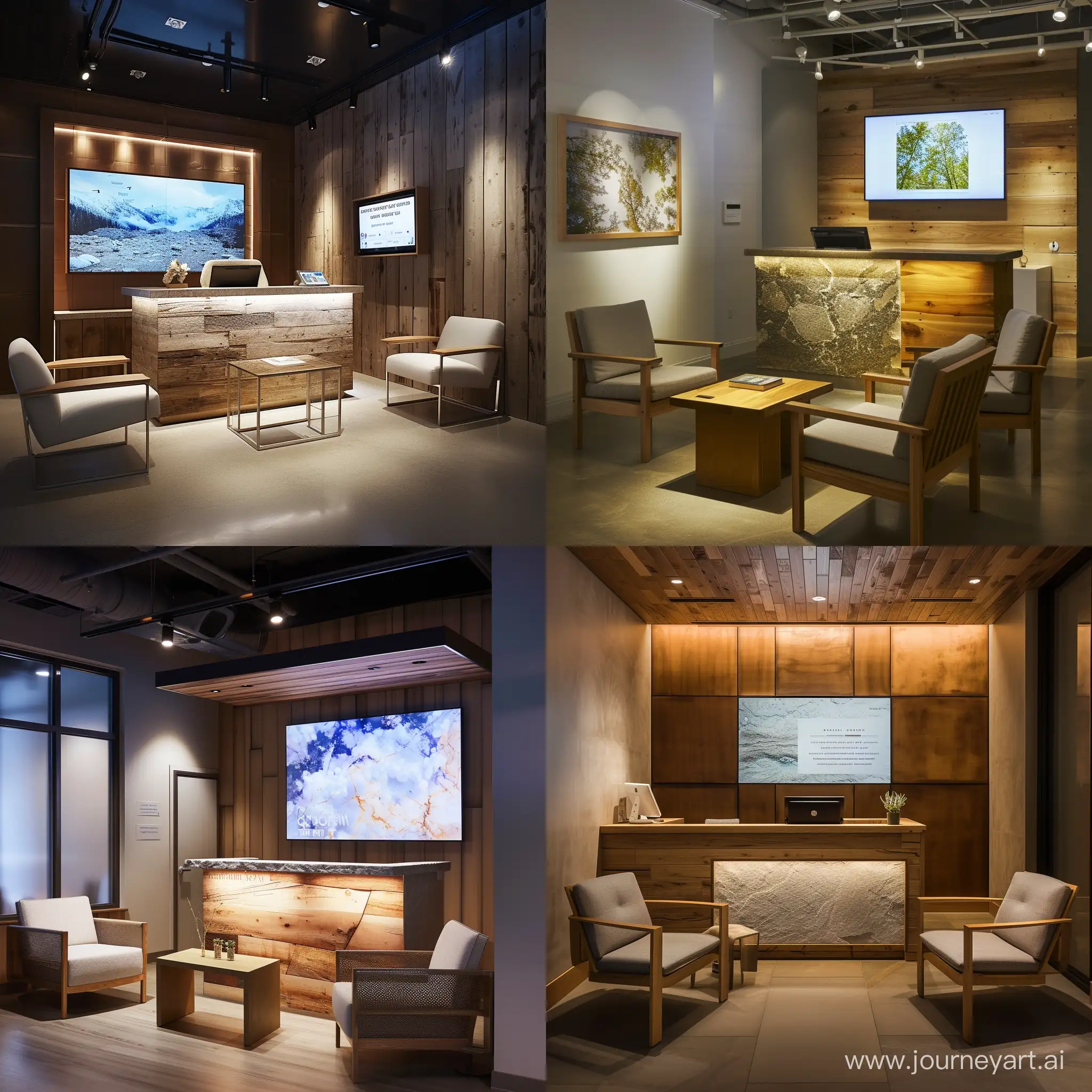 imagine an The small entrance area is designed with a clean and inviting ambiance, utilizing natural and sustainable materials. The reception desk features reclaimed wood with a polished natural stone front panel, creating a sleek contrast. A digital signage/LCD screen mounted behind the reception desk showcases high-resolution imagery highlighting the brand's commitment to sustainability. The seating area includes two armchairs made with recycled aluminum frames and sustainable fabric upholstery, along with a small coffee table made from reclaimed wood. Ambient lighting is achieved through energy-efficient LED lights, with a focused spotlight on the digital screen and warm, diffused lamp in the seating area.realistic style