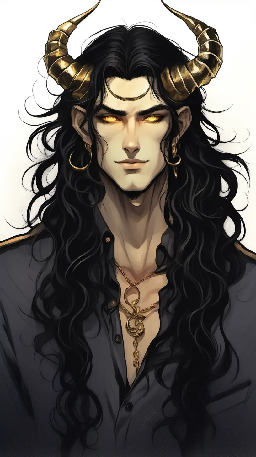 Lithe young man with two obsidian horns, long wavy black hair, and piercing but thoughtful golden eyes. Cheerful demeanor. 