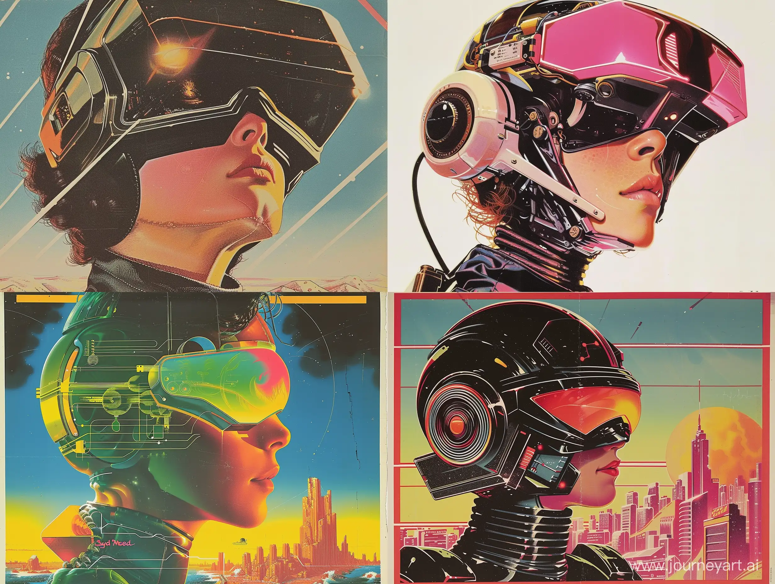 a fembot, retro futurism poster artwork, artwork by Syd Mead, retro, 70s, 80s, vintage artwork poster, visual, aesthetic, surrealism, fantasy art work poster, artwork by Hiroshi Nagaim , vintage poster, nostalgic, 
