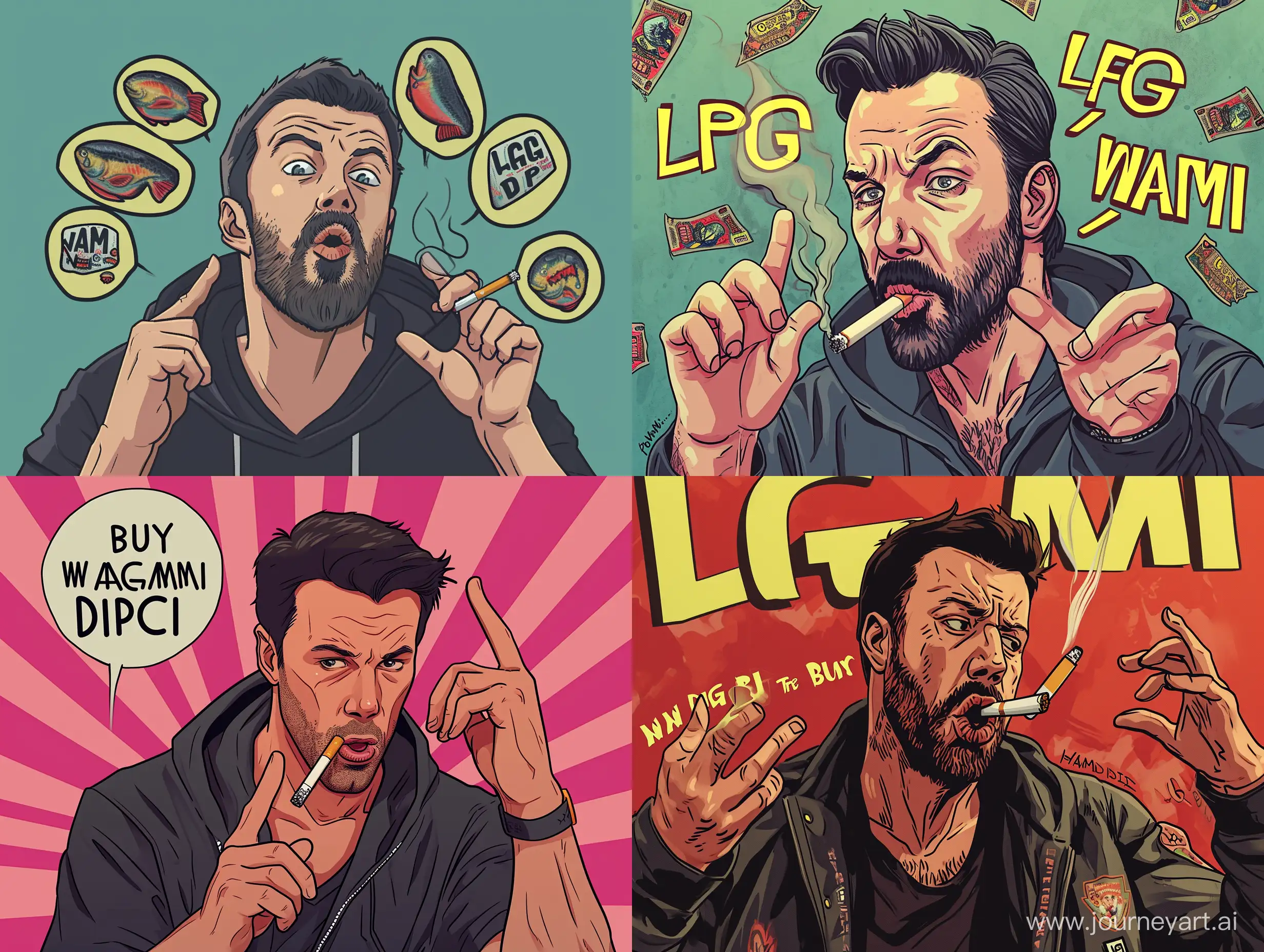 ben affleck saying crypto jargons, with various face and hand expressions, include words like "LFG" "WAGMI" "buy the fucking dip" wiht a cigarette in one hand, in the style of a 90s nickelodeon cartoon