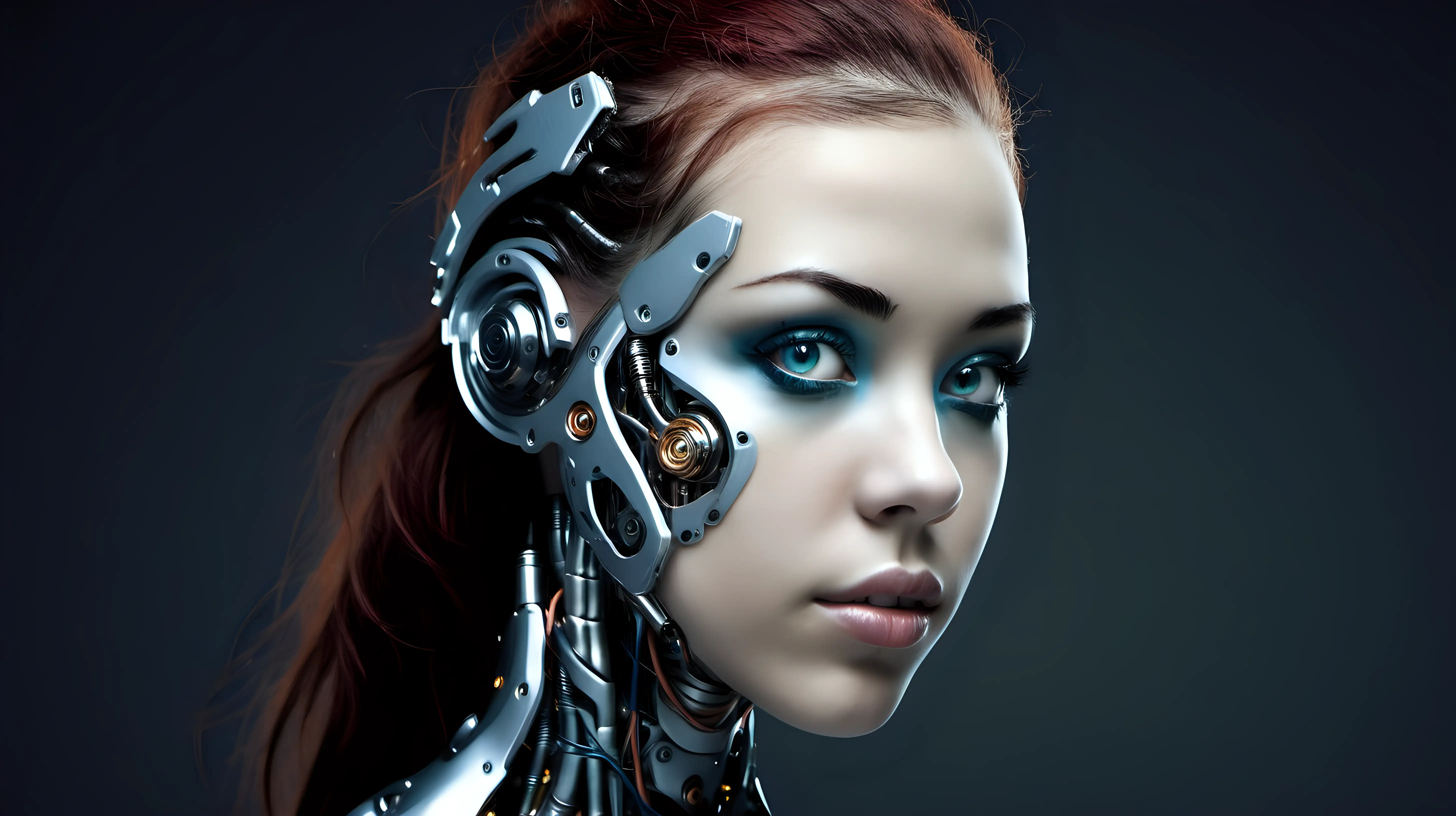 Cyborg woman, 18 years old. She has a cyborg face, but she is extremely beautiful.