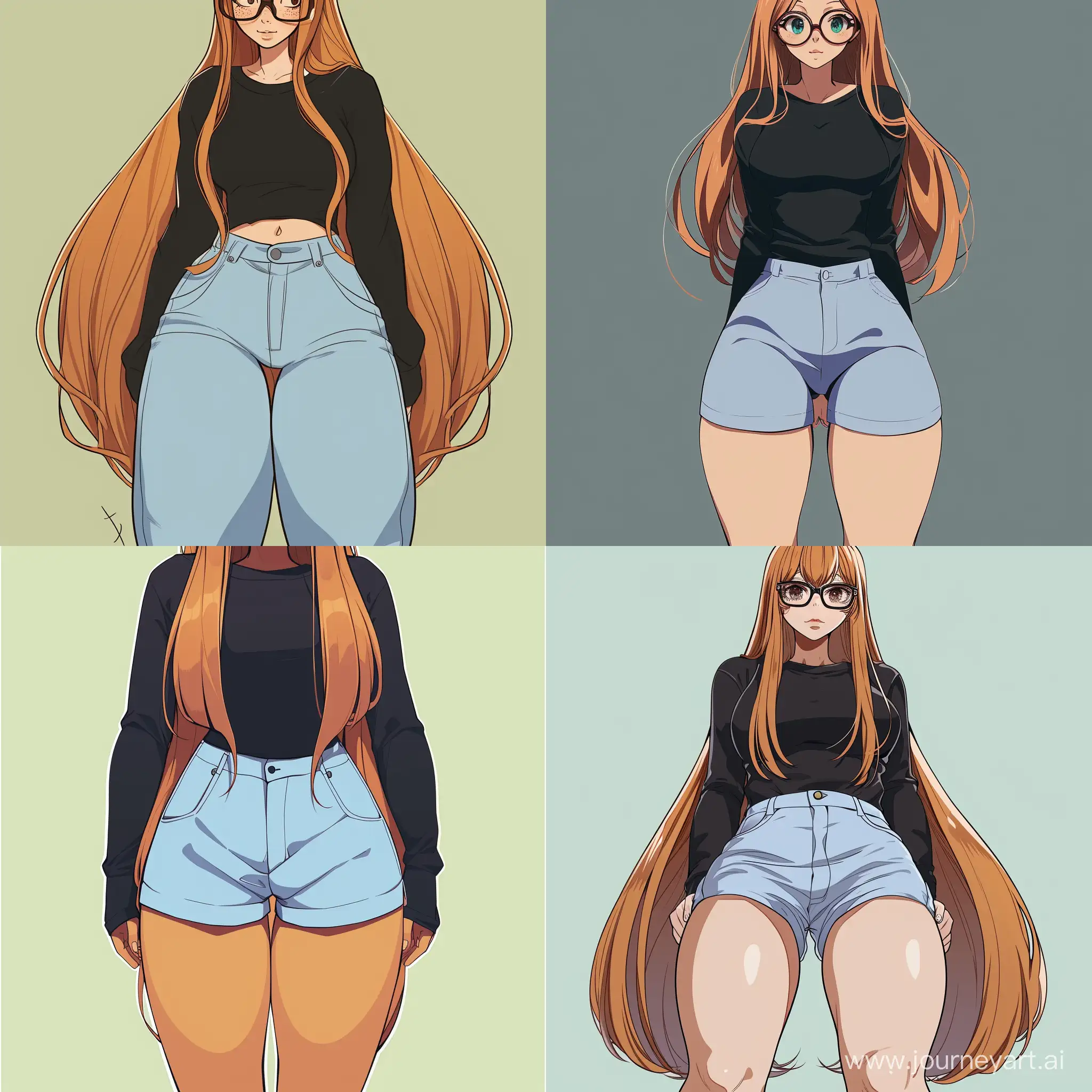 A light skinned woman with glasses and long orangish brown hair, a black long sleeve shirt and very thick, huge, big, massive thighs and light blue pants, anime