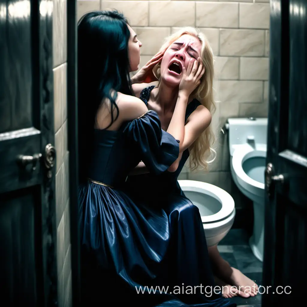 a young beautiful girl with blonde hair in a beautiful long dress is crying in the Hogwarts toilet, she is comforted by a girl with black hair in a dress, stroking her back