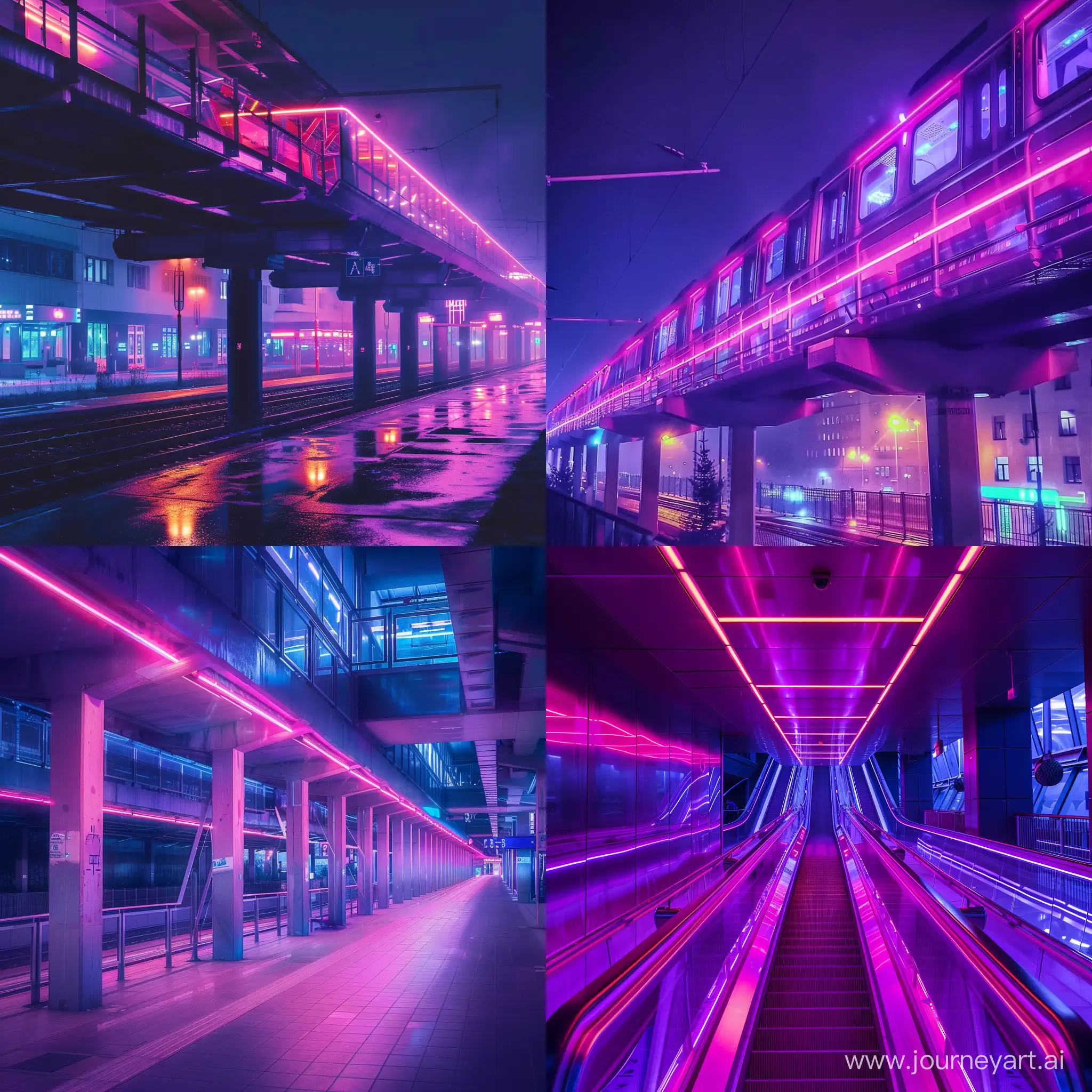 An elevated futuristic subway in Polish city named Bydgoszcz, at night, full of neons, most purples