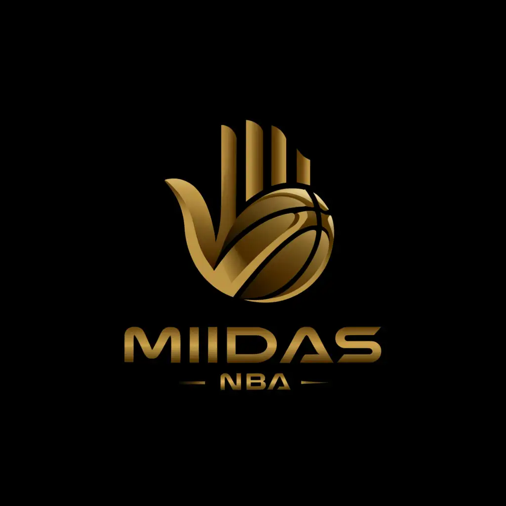 a logo design, with the text 'Midas NBA', main symbol: A Gold hand with a basketball, 5 fingers, black background., Moderate, be used in Sports Fitness industry, clear background