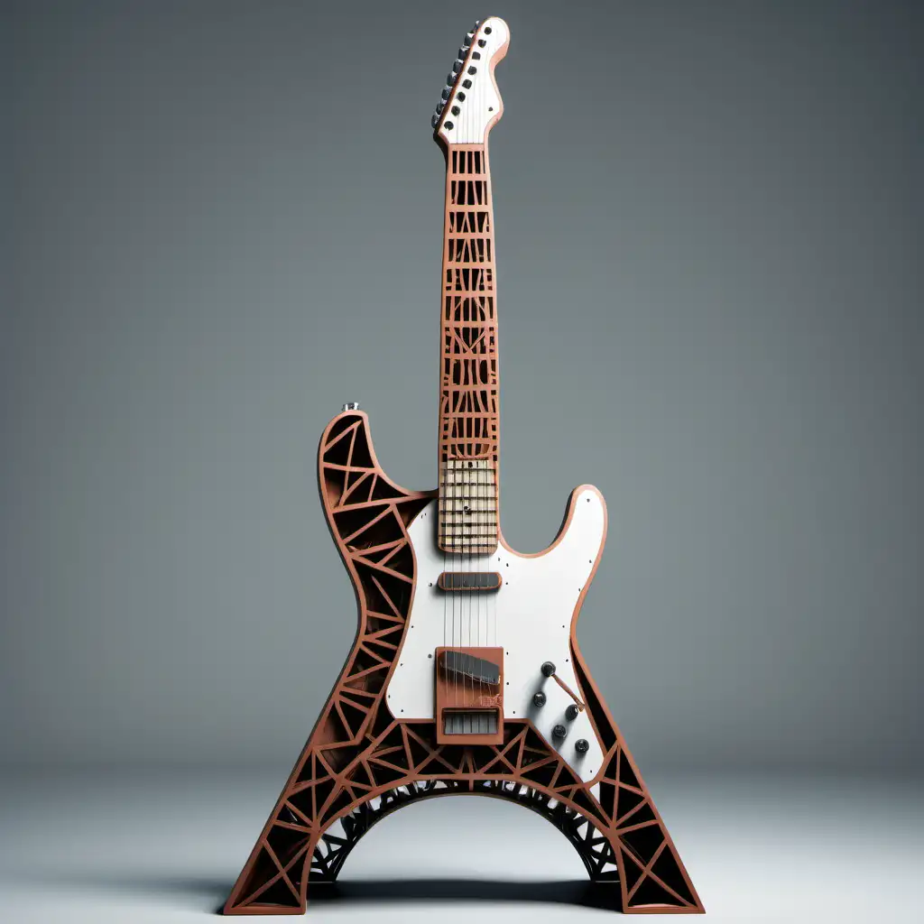 a guitar withe the shape of a Fender Telecaster guitar and the shape of the Eiffel tower combined. The neck of the guitar should end in the shape of the Eiffel Tower. iron beams



