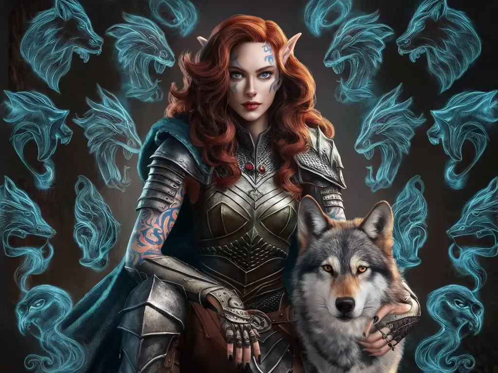 blue glowing tattoos of animals beautiful half elven muscle woman with dark ginger wavy hair in full armor and with wolf near her