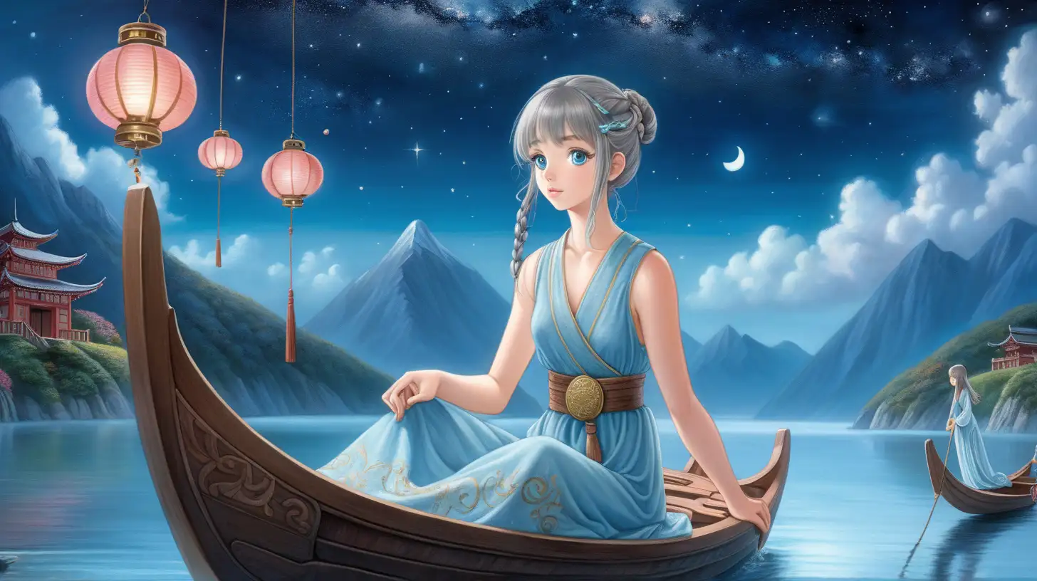 Generate a Ghibli-inspired painting: 
picture a scene of a young woman(the young woman is a beautiful 22-year-old slender lady. She has big blue eyes, pink pouty lips, a cute nose, and rosy skin, she is visibly happy and her cheeks are flushed. Her silver hair is tied in an intricate braid adorned with blue and white flowers. She is dressed in a long light-blue sheer dress with an intricate design.) and a young man(the young man is handsome 25 years old, he is tall, and he has a lean but muscular body. he has big brown eyes, thick lips, thick eyebrows, and a defined nose and cheekbones, his skin is a bit tanned, and his hair is brown and tied in a bun. he is dressed in a black robe with an intricate gold design.) in a flying wooden boat (lantern in front of the boat) sailing in the sky the middle of a sea of clouds. the man is rowing the boat, he is sitting in front of the women. They are gazing lovingly at each other. 

they are surrounded by mountains, a red bridge and a temple in the mountain cliff, the night sky is filled with stars, and the moon is full and glowing majestically against the night sky. the sea of clouds have glowing lotus flower, fireflies.

magical, ethereal, whimsical, surrealism, romanticism