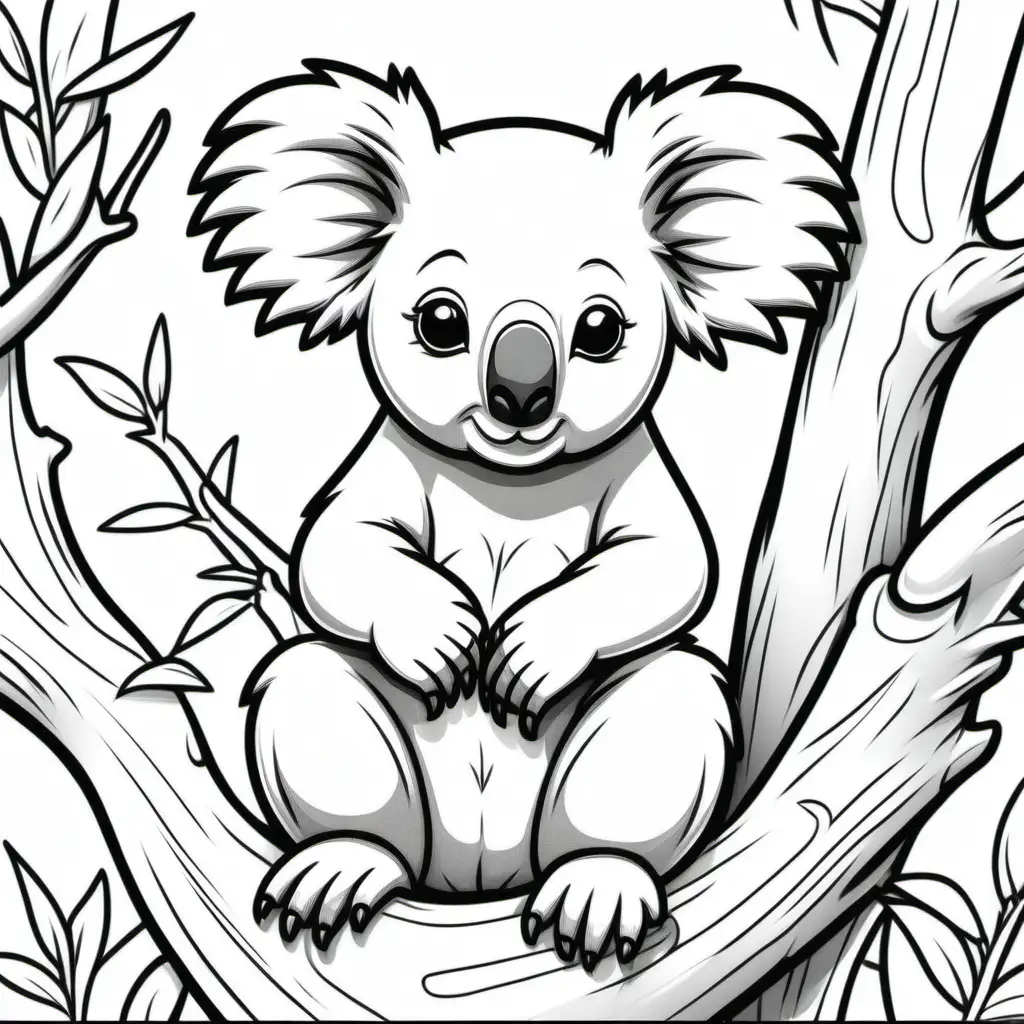 imagine a coloring page of a Koala
for kids ages 8 to 12, cartoon style, low details, thick bold lines, hand drawing, no shading -- ar 9:11