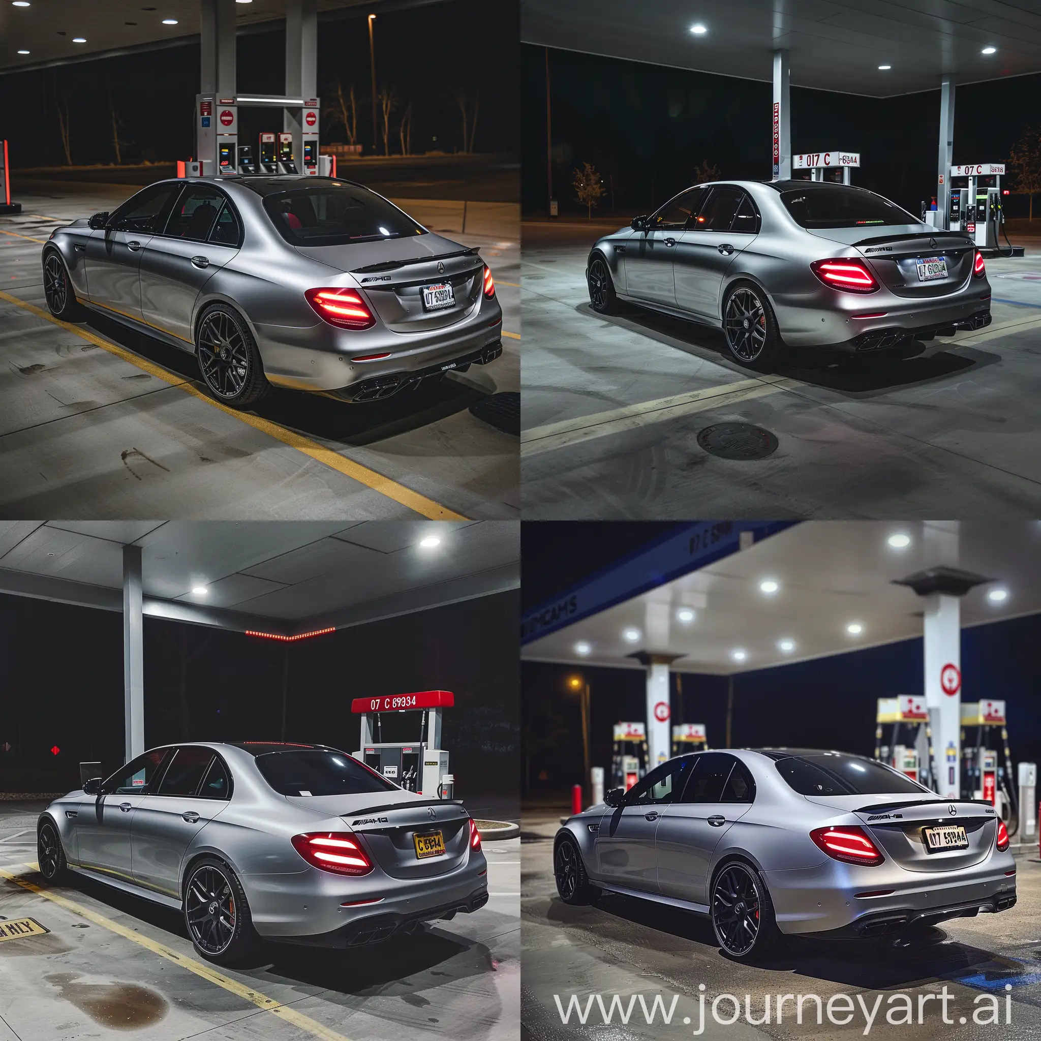 Elegant-Night-Scene-Silver-MercedesBenz-E63S-AMG-at-Serene-Gas-Station