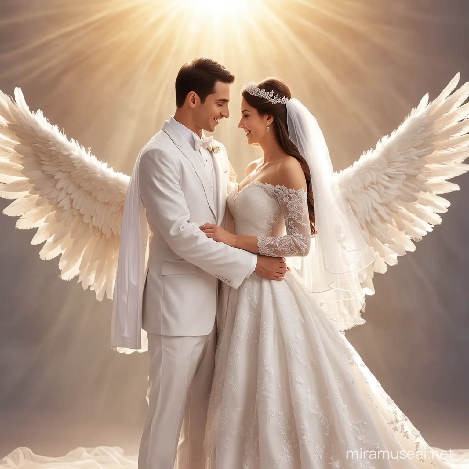 Joyful Couples Celestial Union Amidst Angelic Surroundings