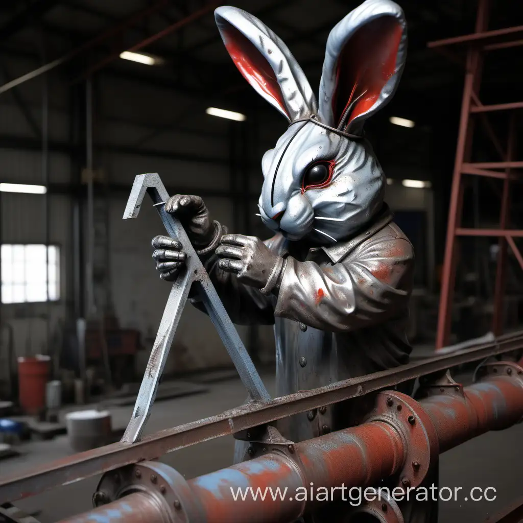 загадочный кролик наносит пенетрант на металлоконструкцию
