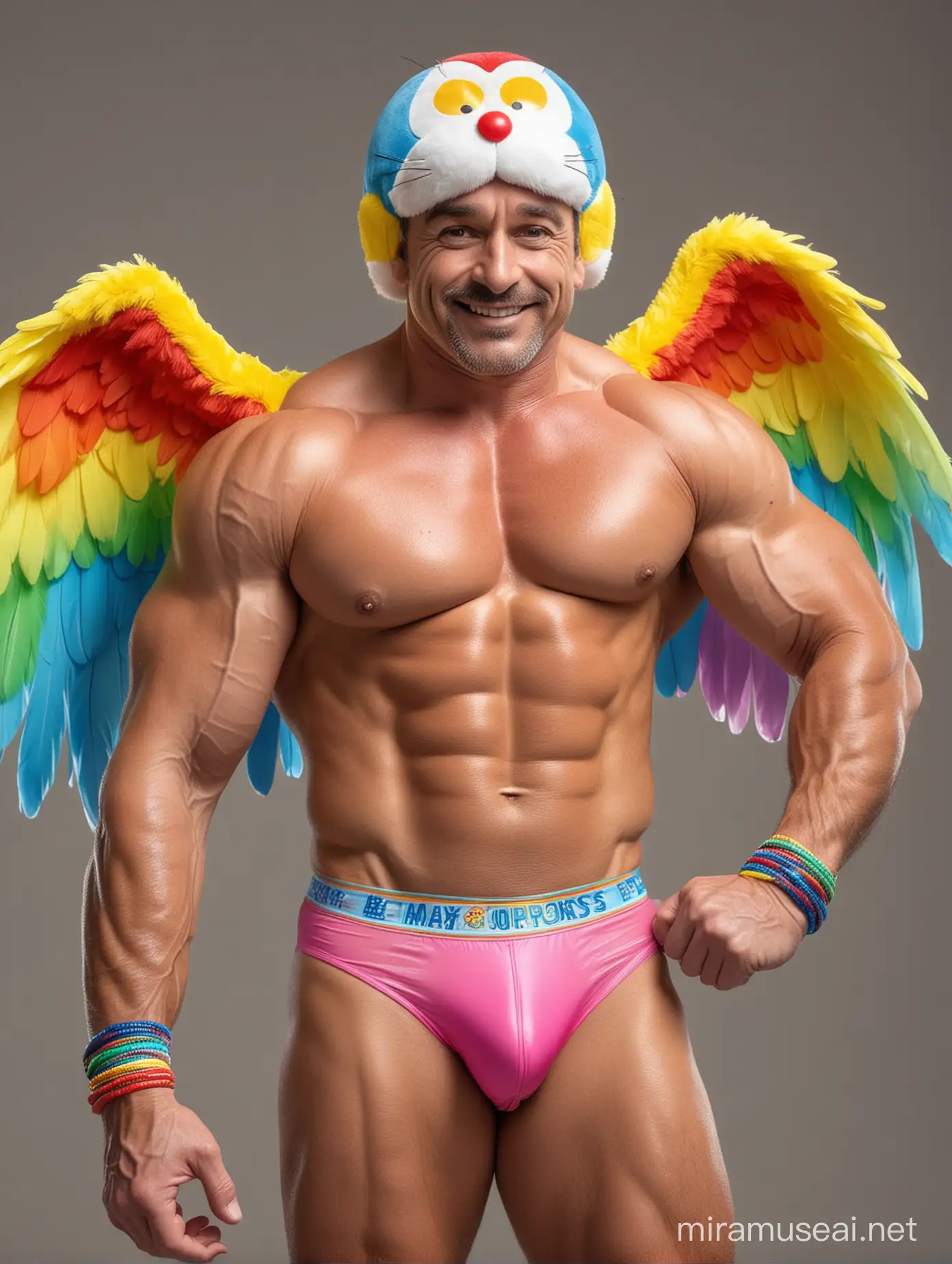 Happy Topless 40s Ultra Beefy IFBB Bodybuilder Man wearing Multi-Highlighter Bright Rainbow Coloured See Through Eagle Wings shoulder Jacket short shorts and Flexing Big Strong Arm with Doraemon