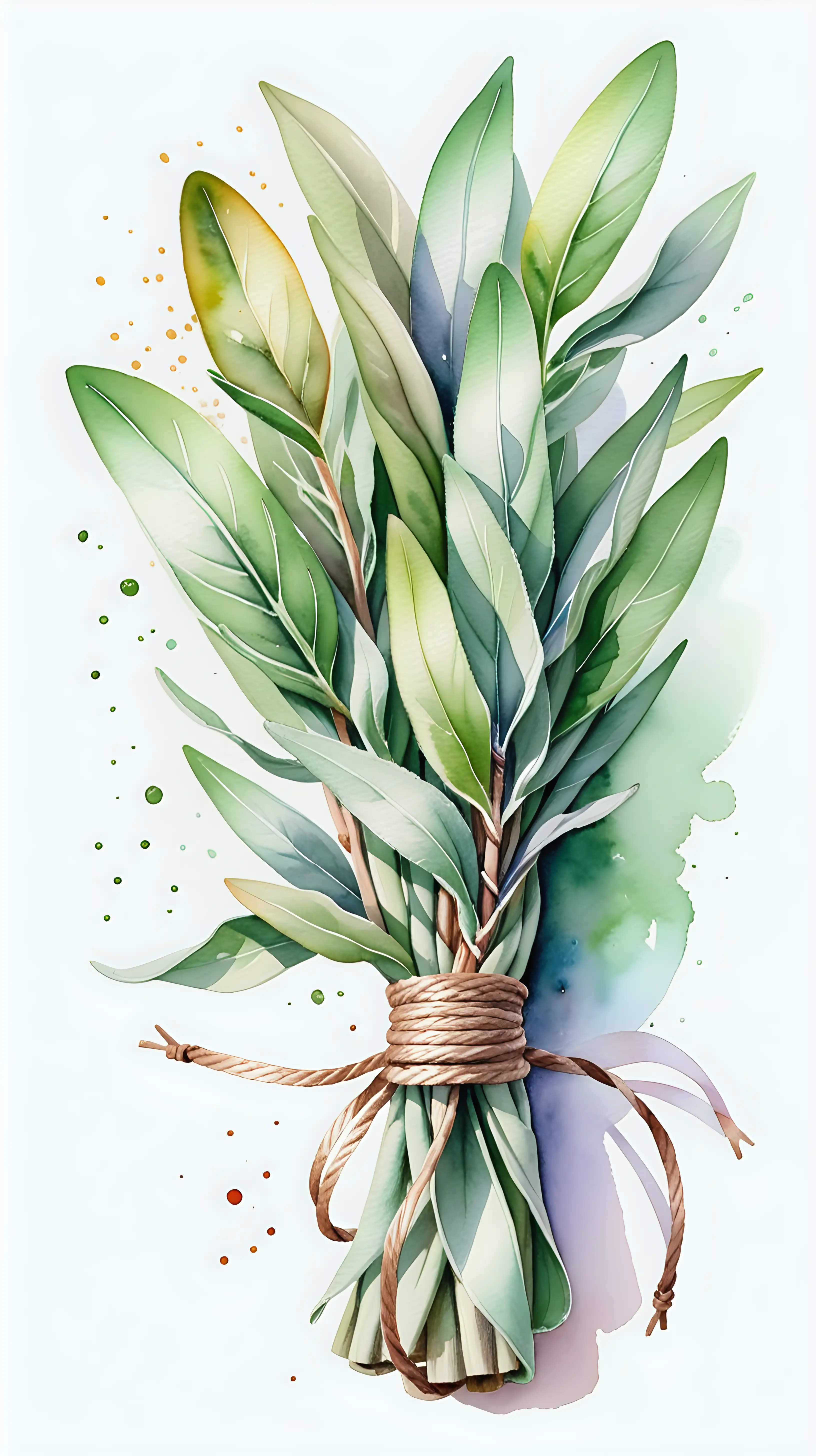 Watercolor Painting of Tied Up Bundle of Sage on White Background