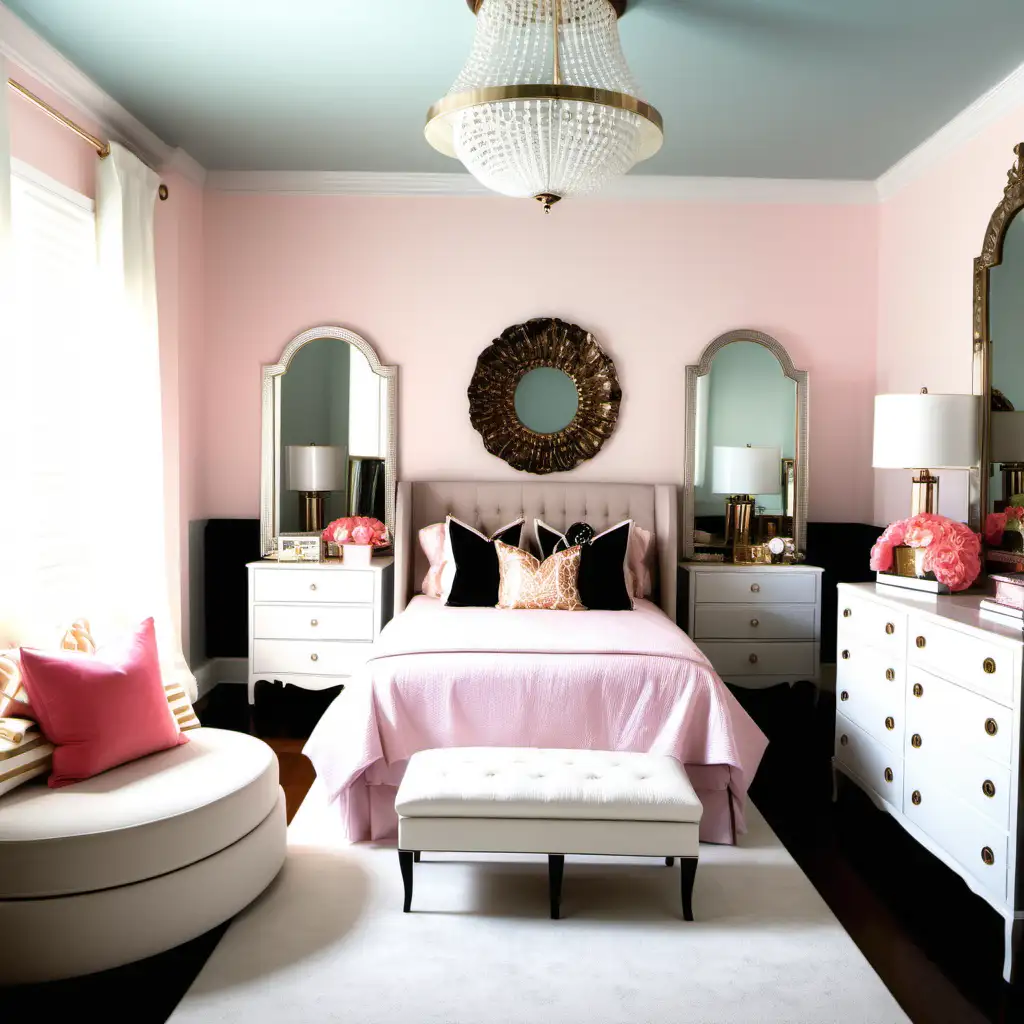 A posh girl bedroom with a dresser and cozy seating